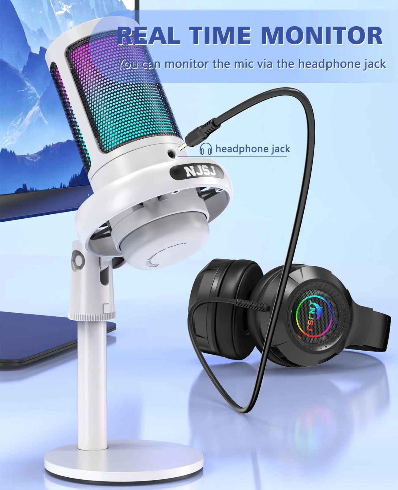 NJSJ USB Microphone for PC, Gaming Mic for PS4/ PS5/ Mac/Phone,Condenser Microphone with Touch Mute, RGB Lighting,Gain knob & Monitoring Jack for Streaming,Podcasting (with Desktop Stand, White) With desktop stand - Image 6