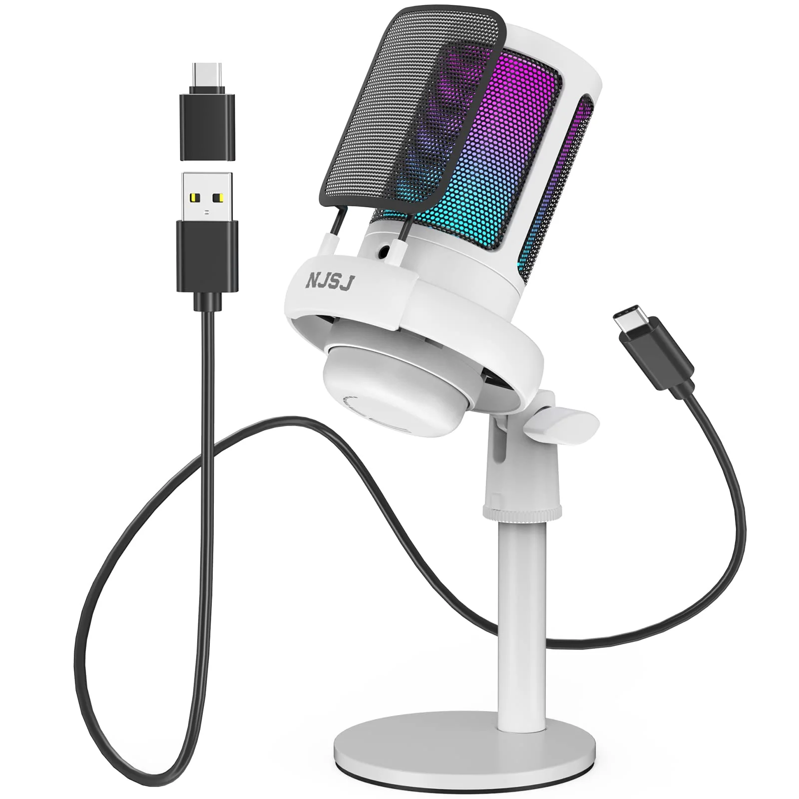 NJSJ USB Microphone for PC, Gaming Mic for PS4/ PS5/ Mac/Phone,Condenser Microphone with Touch Mute, RGB Lighting,Gain knob & Monitoring Jack for Streaming,Podcasting (with Desktop Stand, White) With desktop stand - Image 8
