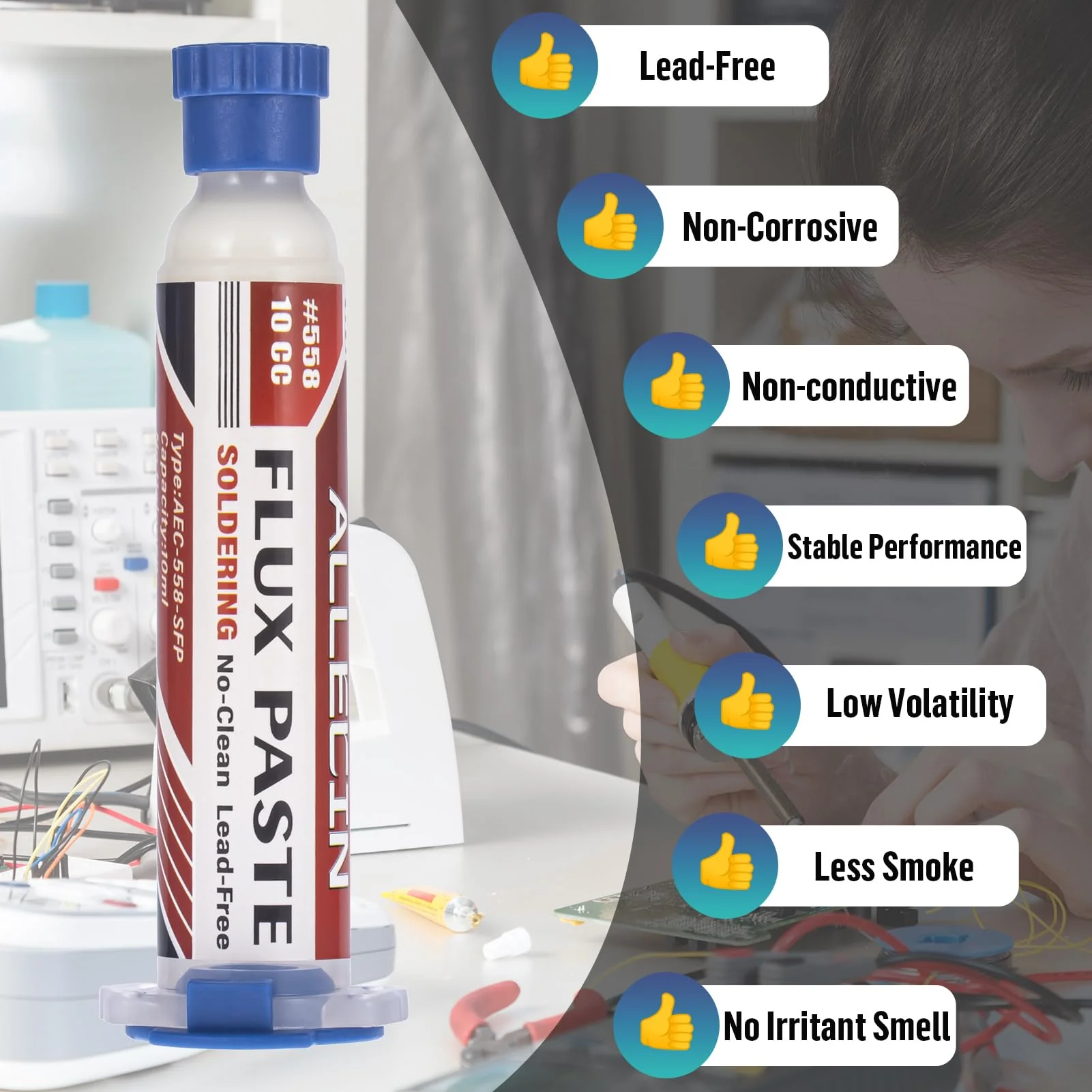 No Clean Soldering Flux 558 10CC 10mL Lead-Free Less-Smoke Rosin Solder Fluxes Paste Syringe for Electronics 10 milliliters with Needle Dispensing Tool (Pack of 1Pcs) 558-10CC-1Pcs - Image 3