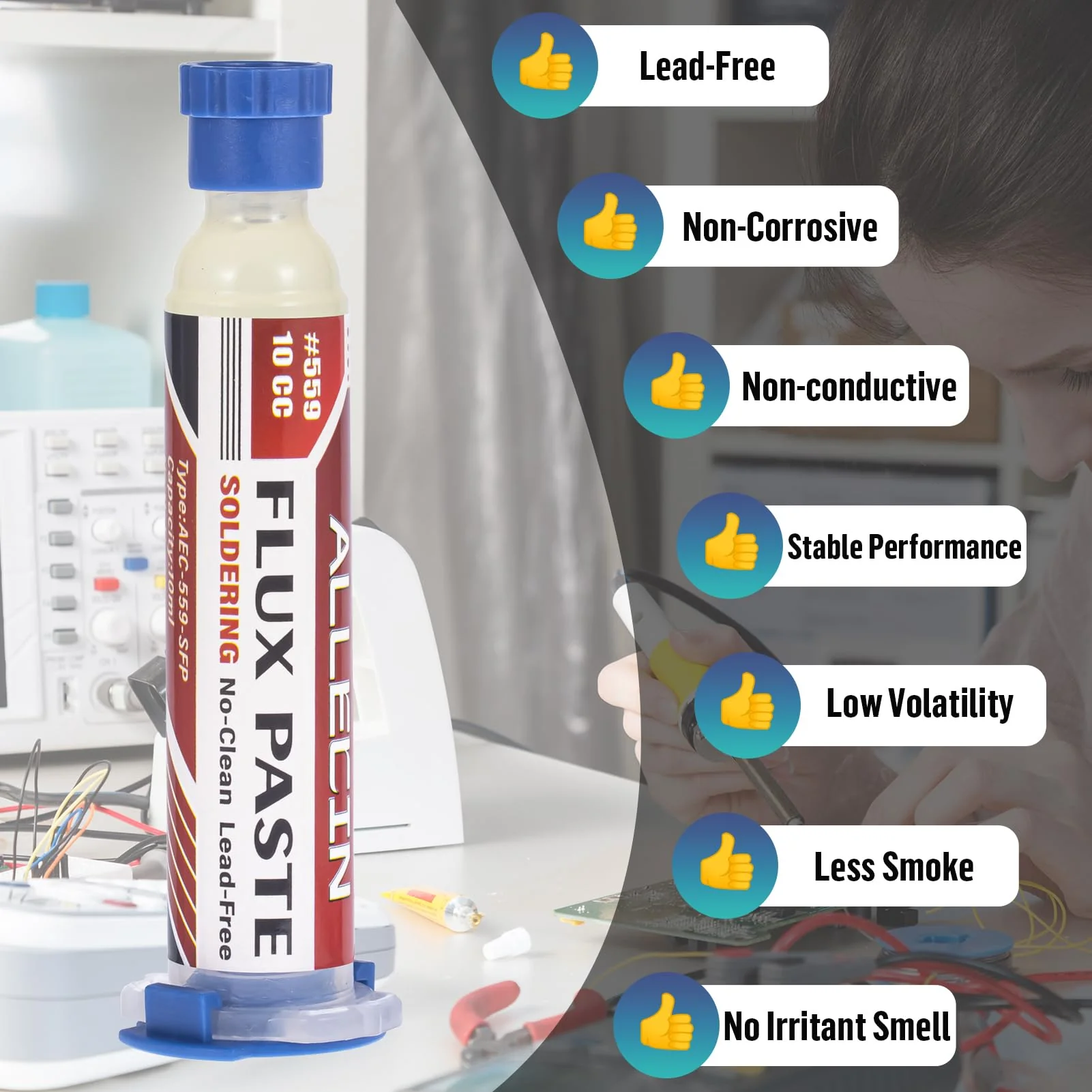 No Clean Soldering Flux 559 10CC 10mL Solder Fluxes Paste Syringe for Electronics 10 Milliliters with Needle Dispensing Tool (Pack of 1Pcs) 559-10CC-1pcs - Image 3