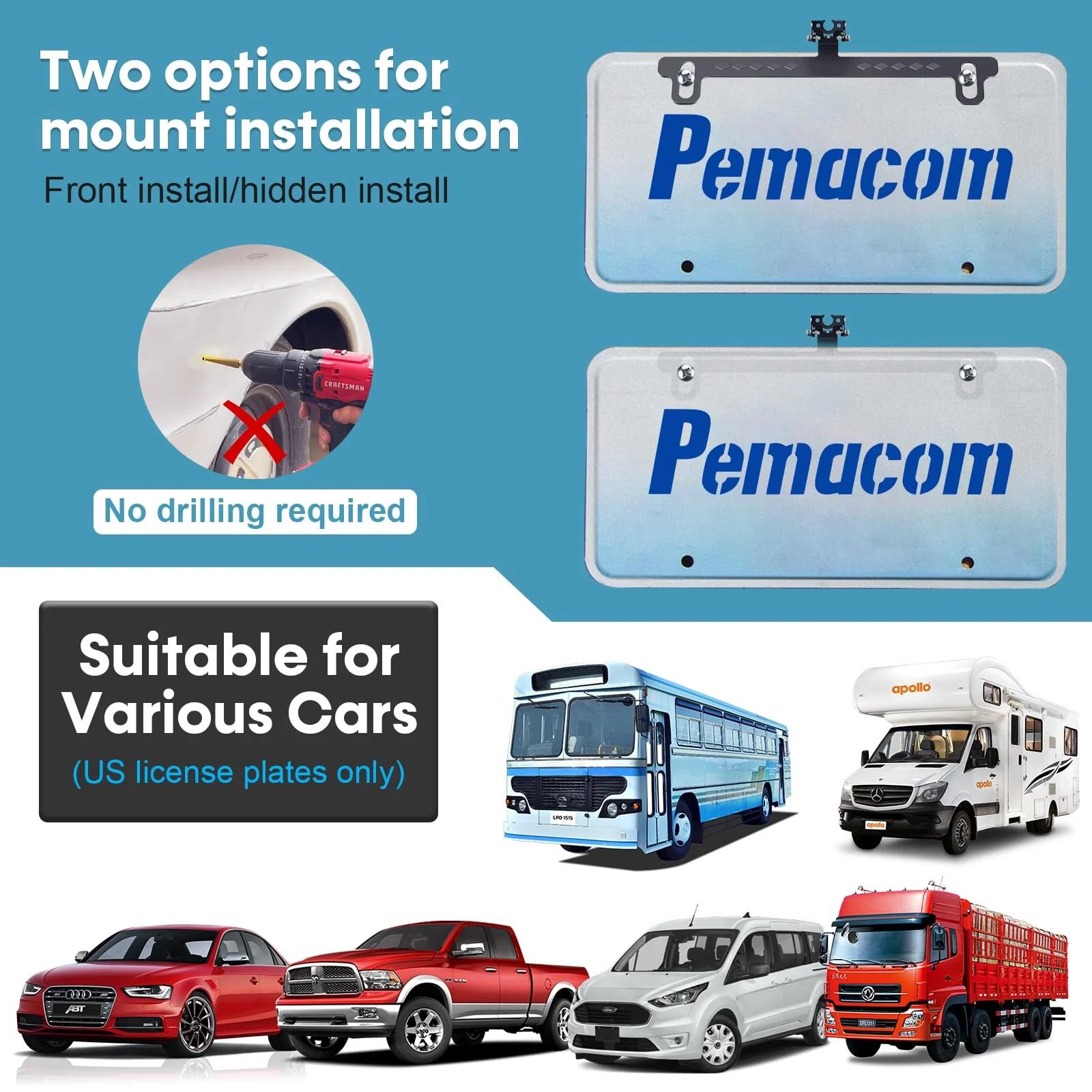 No-Drill Camera License Plate Bracket - Adjustable Mount for Backup Camera, Dash Cam, Mirror Camera, & CarPlay - Universal Fit for Most Vehicles, Easy Installation, Rust-Resistant, Durable Design - Image 3