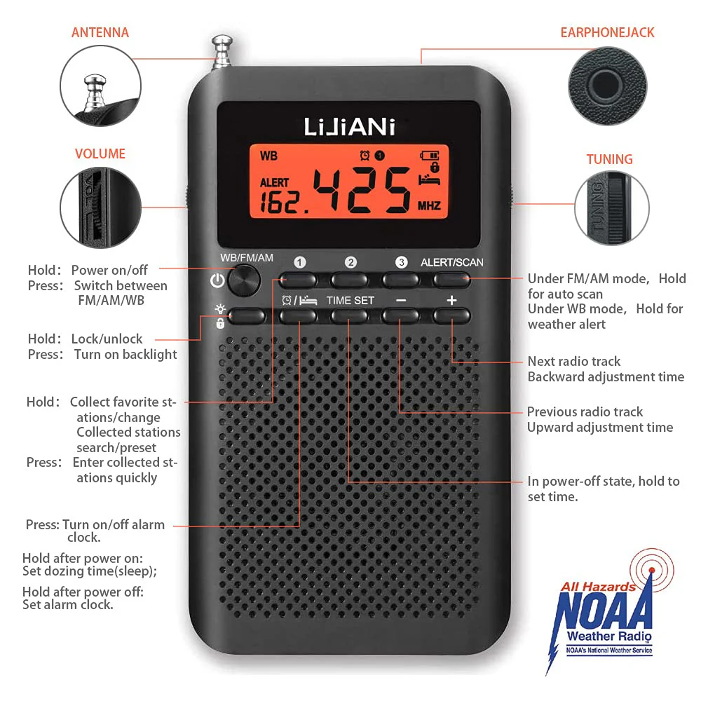 NOAA Weather AM FM Portable Radio Operated by 2 AA Batteries with Stereo Earphone,Digital Alarm Clock Sleep Timer,Best Reception,Built in Speaker Best Sound Quality,Luminous Button Design(Black) Black - Image 4