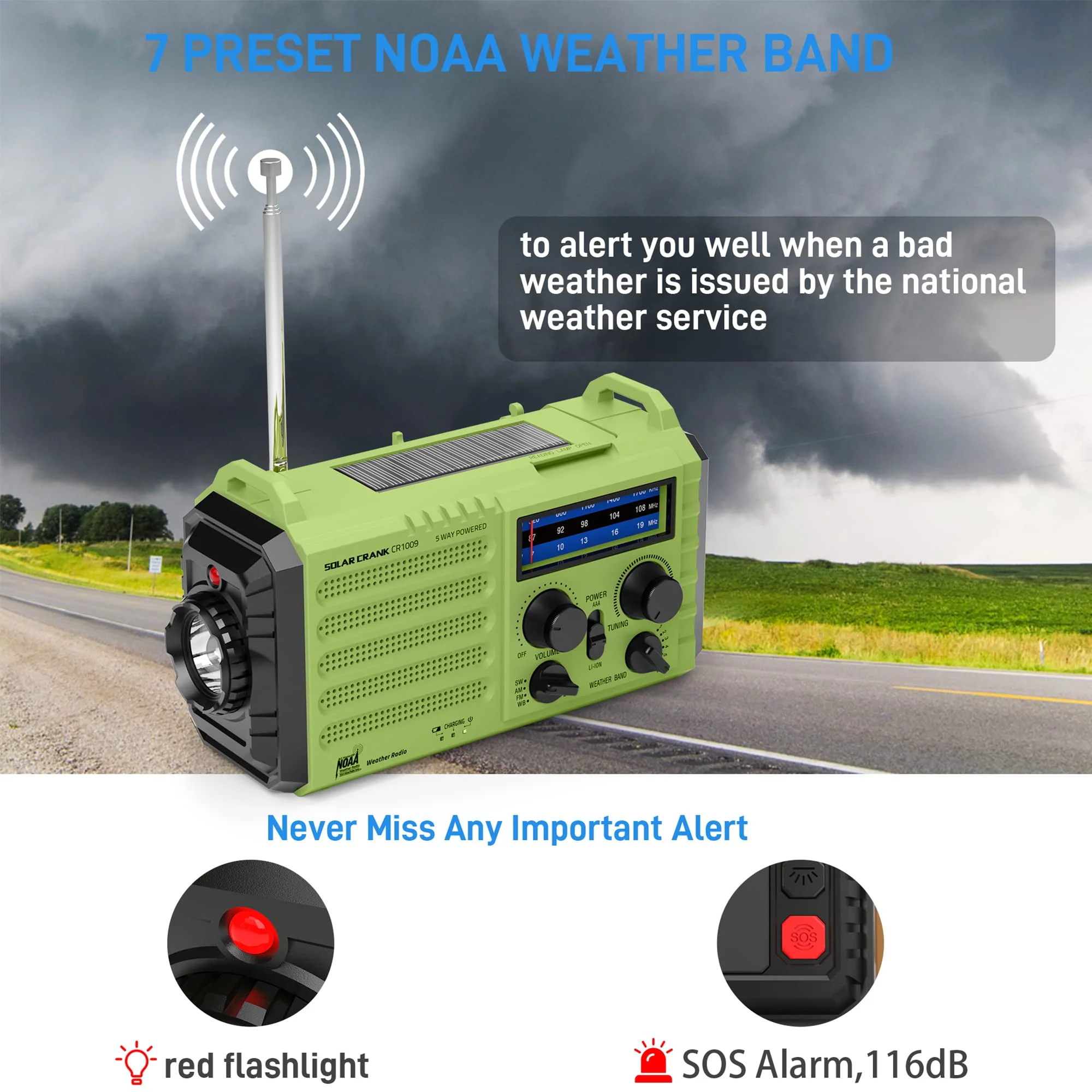 NOAA Weather Radio, Emergency Hand Crank Radio with Solar Charger, Portable Battery Operated AM FM Shortwave Radio with LED Flashlight, USB Charger, Earbud Jack, SOS Alert for Home Survival Hurricane Green - Image 2