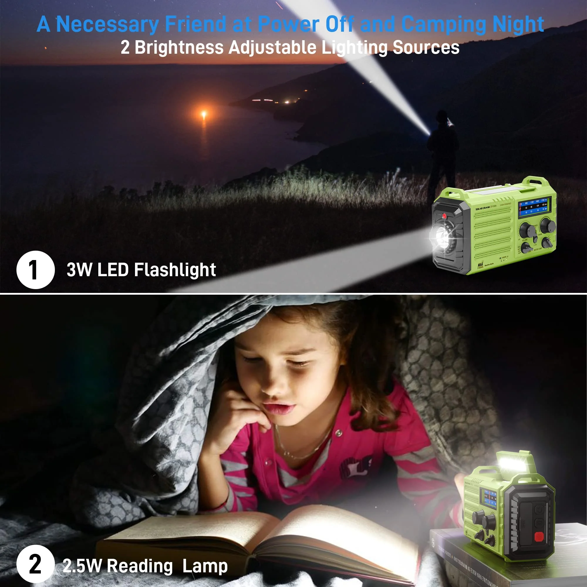 NOAA Weather Radio, Emergency Hand Crank Radio with Solar Charger, Portable Battery Operated AM FM Shortwave Radio with LED Flashlight, USB Charger, Earbud Jack, SOS Alert for Home Survival Hurricane Green - Image 3