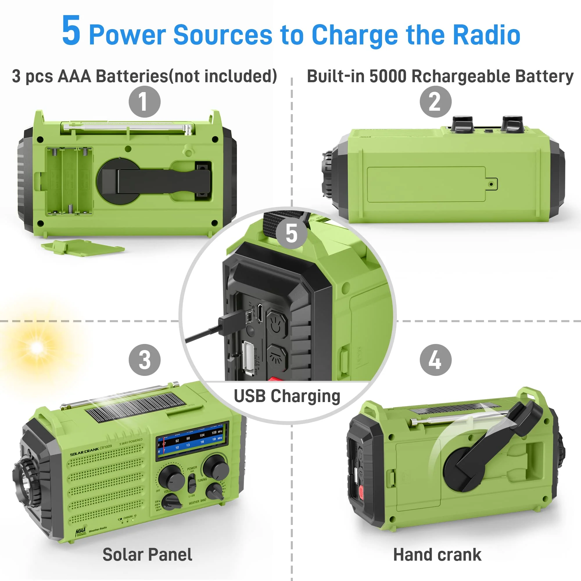 NOAA Weather Radio, Emergency Hand Crank Radio with Solar Charger, Portable Battery Operated AM FM Shortwave Radio with LED Flashlight, USB Charger, Earbud Jack, SOS Alert for Home Survival Hurricane Green - Image 4