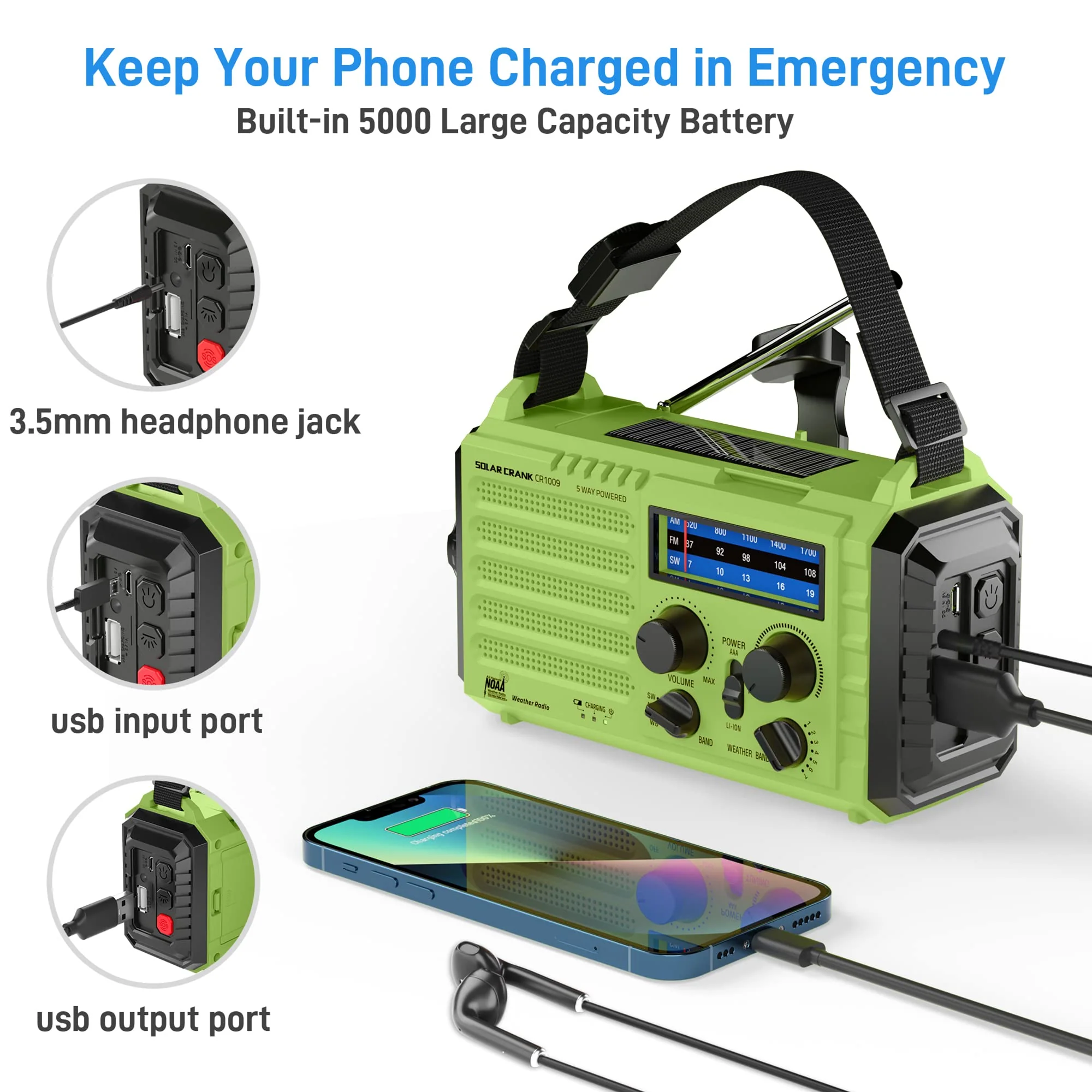 NOAA Weather Radio, Emergency Hand Crank Radio with Solar Charger, Portable Battery Operated AM FM Shortwave Radio with LED Flashlight, USB Charger, Earbud Jack, SOS Alert for Home Survival Hurricane Green - Image 5