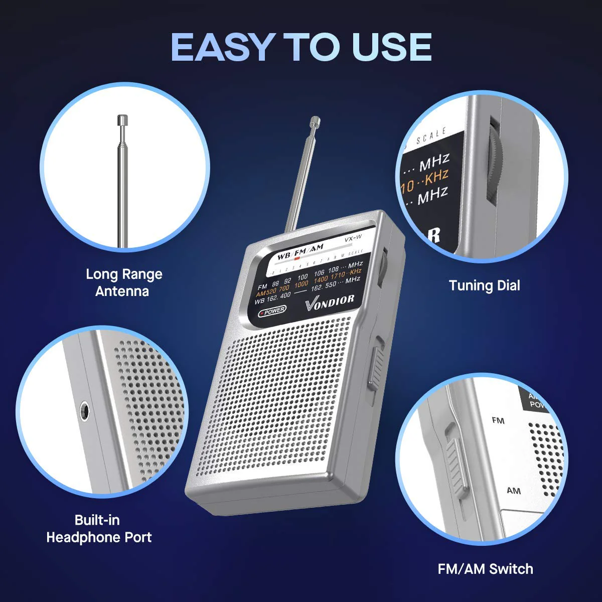 NOAA Weather Radio - Emergency NOAA/AM/FM Battery Operated Portable Radio with Best Reception and Longest Lasting Transistor. Powered by 2 AA Battery with Mono Headphone Socket, by Vondior (Silver) Silver - Image 3