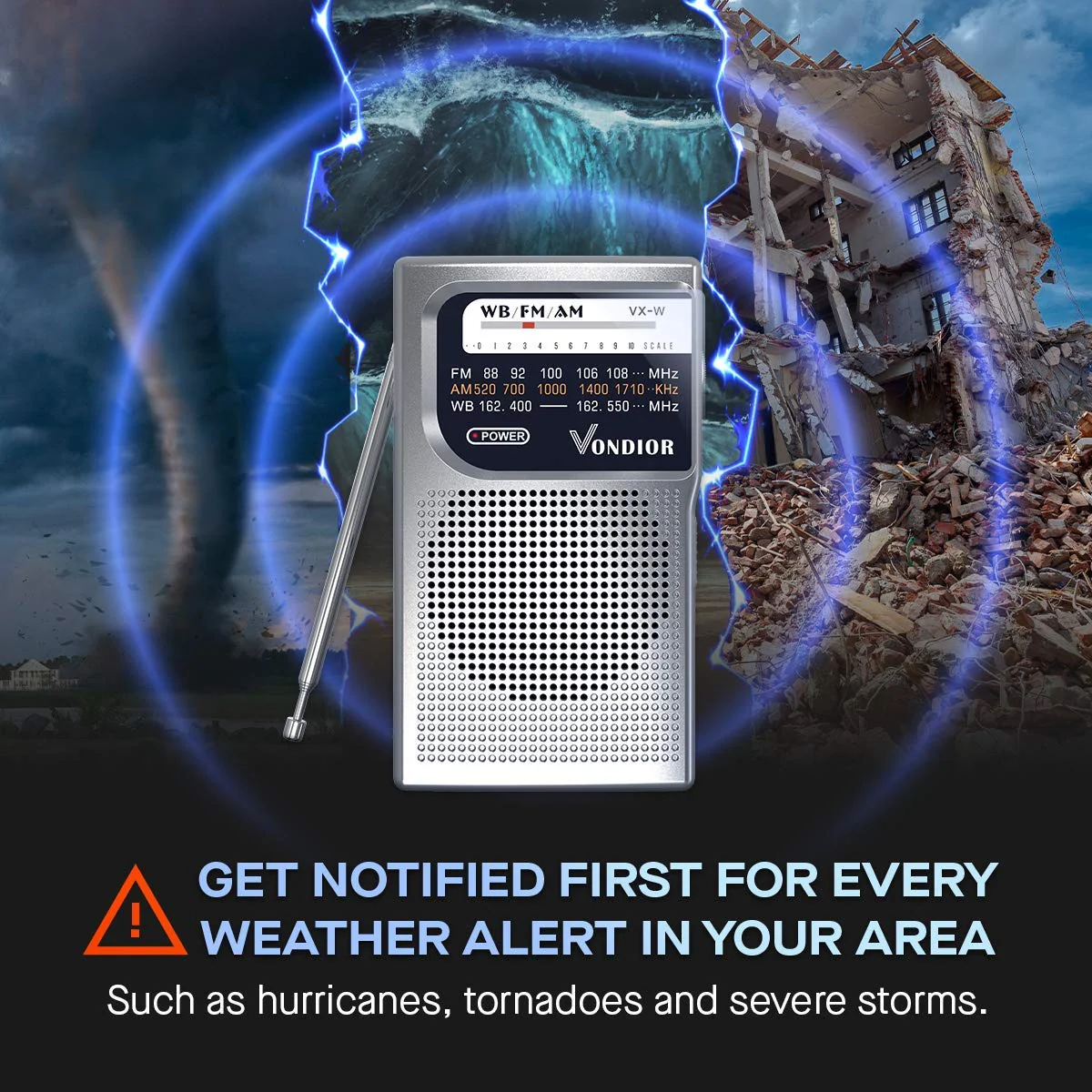 NOAA Weather Radio - Emergency NOAA/AM/FM Battery Operated Portable Radio with Best Reception and Longest Lasting Transistor. Powered by 2 AA Battery with Mono Headphone Socket, by Vondior (Silver) Silver - Image 4