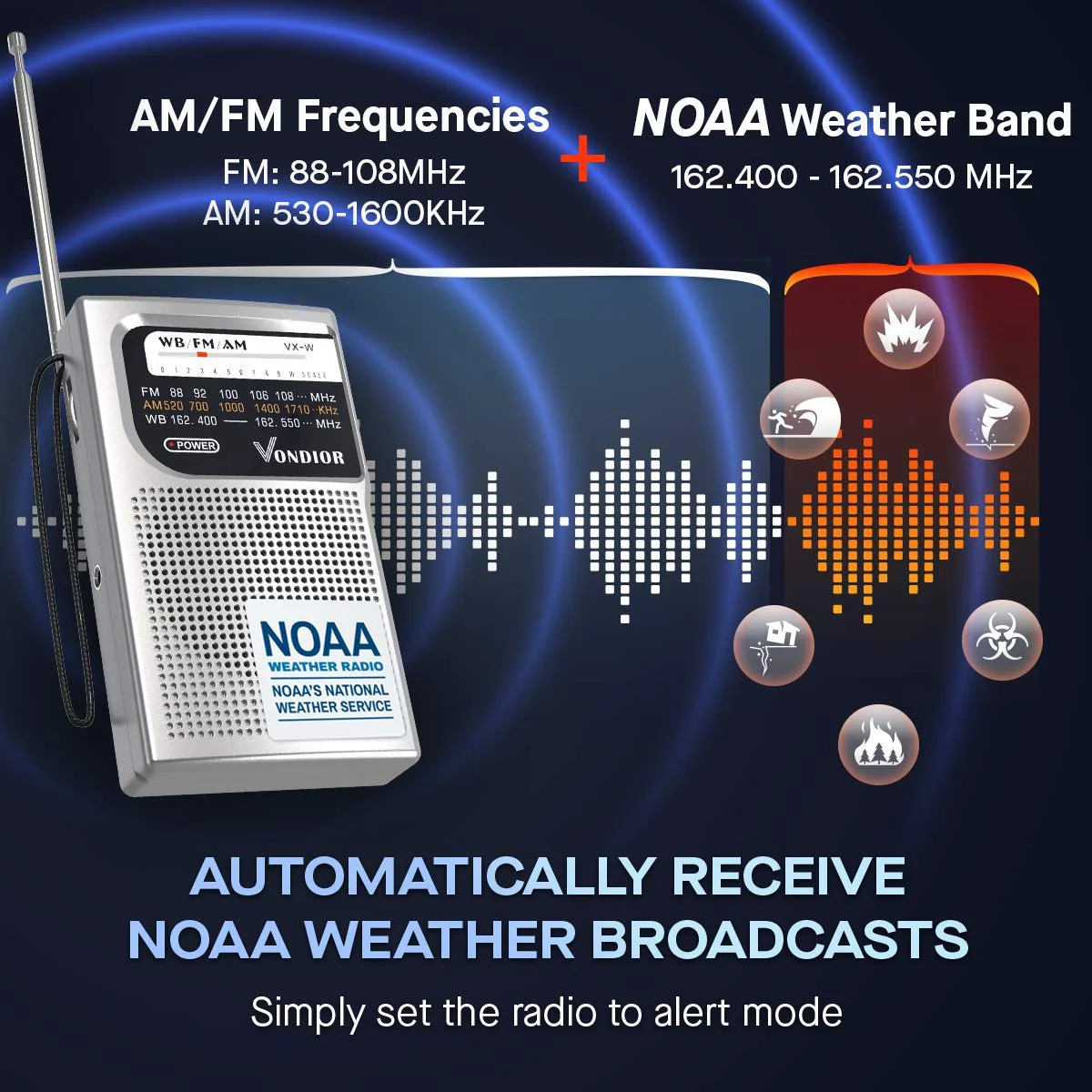 NOAA Weather Radio - Emergency NOAA/AM/FM Battery Operated Portable Radio with Best Reception and Longest Lasting Transistor. Powered by 2 AA Battery with Mono Headphone Socket, by Vondior (Silver) Silver - Image 5