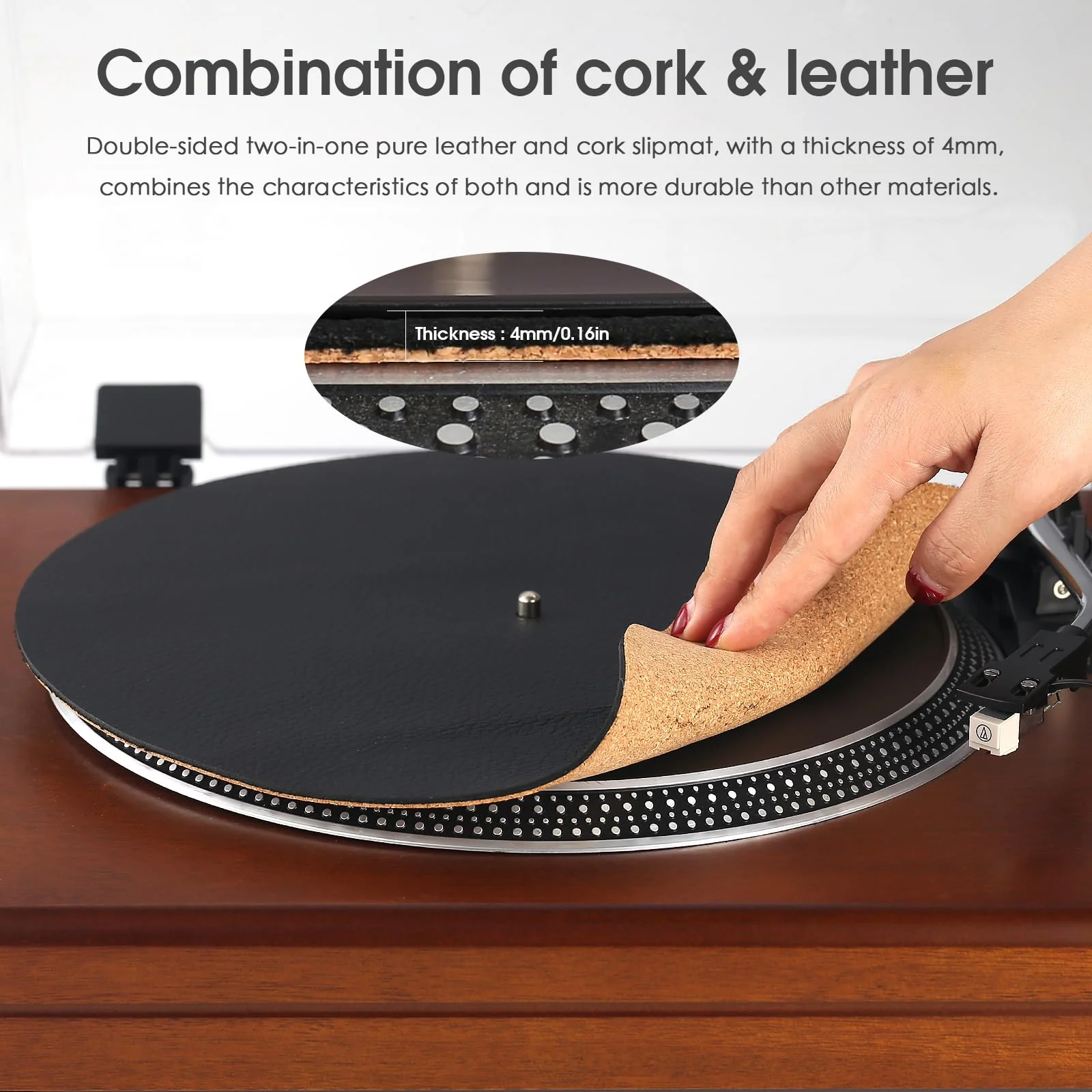 Nobsound Turntable Slip Mat: Anti-Static Platter Pad for 12-Inch LPs, Cork + Leather Reversible 3mm, Cuts Rumble for Home & Studio Use, Audiophiles - Image 2