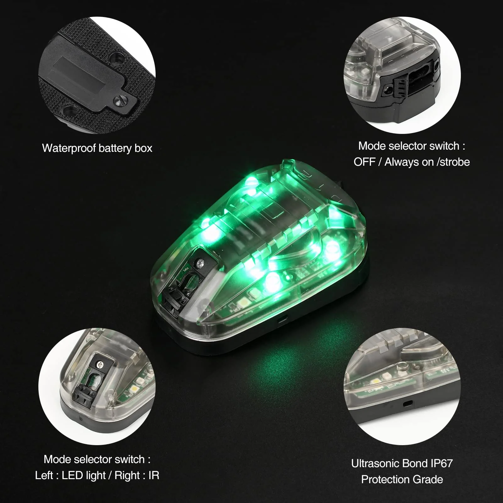 NOBUHIRO Tactical Helmet Signal Light Optional 4 Modes with Visible LED + IR Constant-on/Strobe, Waterproof Ladybird Survival Identification Lamp for Outdoor Sports BK-GREEN - Image 4