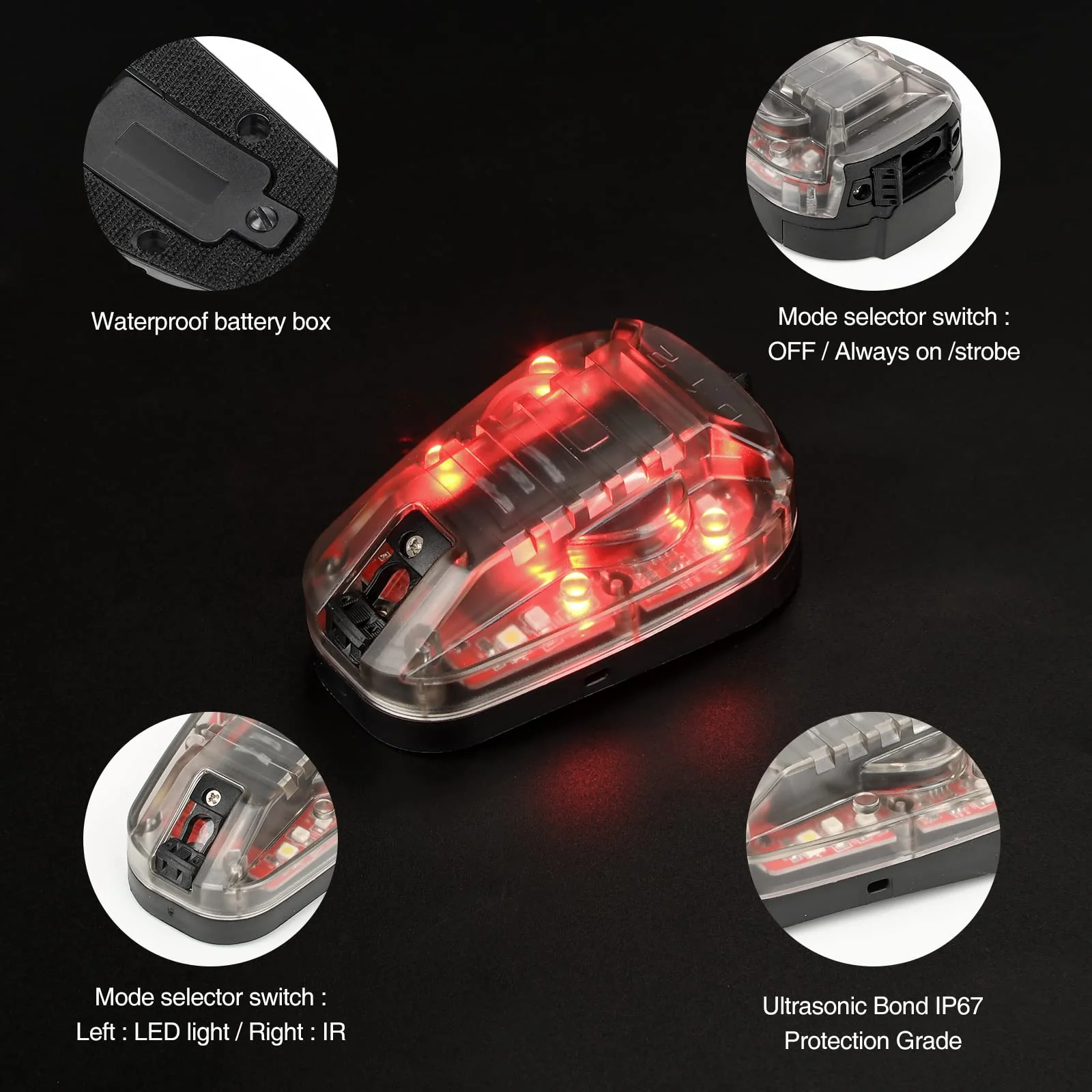 NOBUHIRO Tactical Helmet Signal Light Optional 4 Modes with Visible LED + IR Constant-on/Strobe, Waterproof Ladybird Survival Identification Lamp for Outdoor Sports BK-RED - Image 4