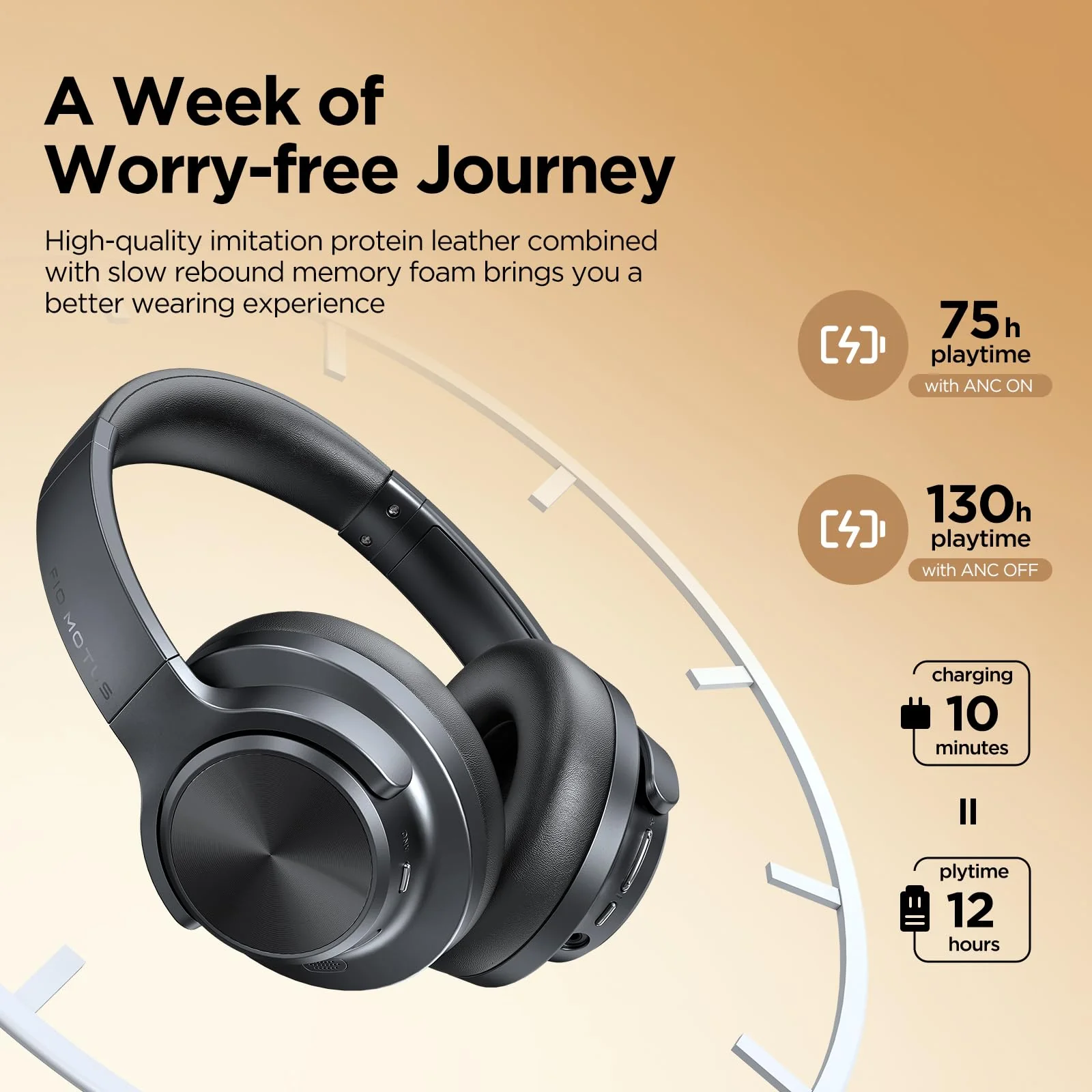 Noise Cancelling Headphones: Wireless Over Ear Bluetooth Headphones with 130H Playtime - Hi-Res Sound Custom EQ via App Deep Bass Comfort Fit Ear Cups for Travel Home Office Black - Image 4