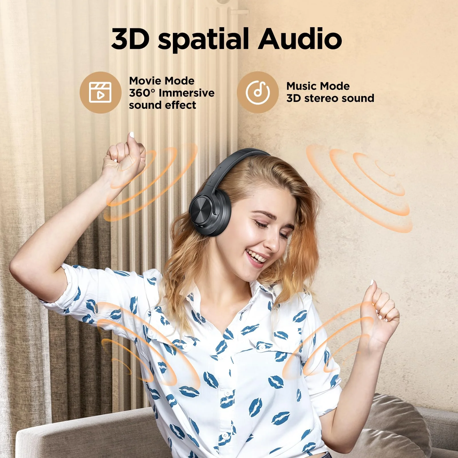 Noise Cancelling Headphones: Wireless Over Ear Bluetooth Headphones with 130H Playtime - Hi-Res Sound Custom EQ via App Deep Bass Comfort Fit Ear Cups for Travel Home Office Black - Image 5