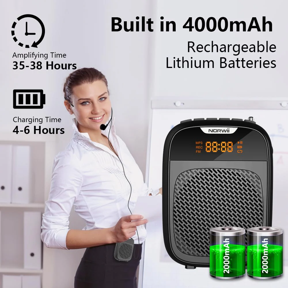 NORWII Mini Voice Amplifier Portable Rechargeable Bluetooth Speaker 4000mAh with Wired Microphone Headset & Waistband, PA system Personal Voice Amplifier for Teachers, Tour Guides, Meeting, Coaches - Image 4