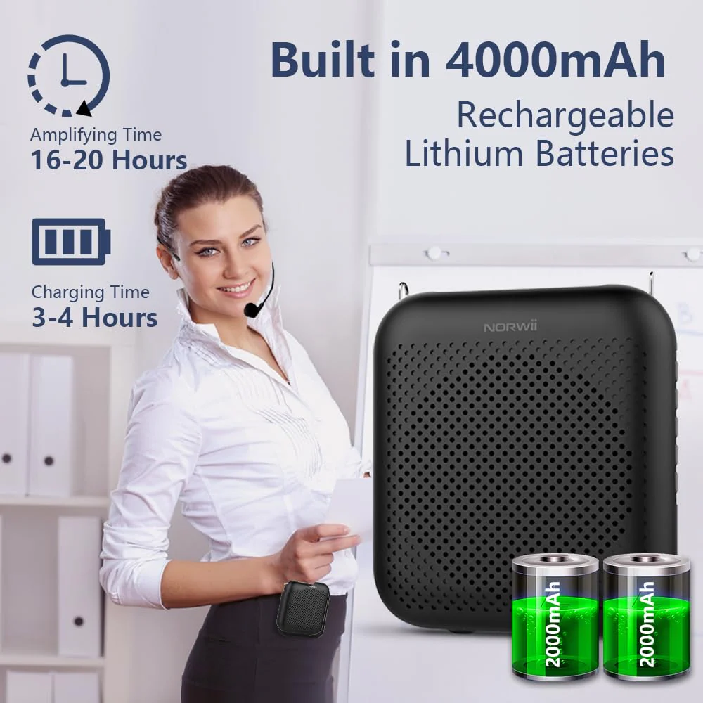 Norwii Wireless Voice Amplifier, 10W 4000mAh Portable Bluetooth Rechargeable PA System with 2 Microphones for Teachers, Meetings, Promotions and Outdoors, Black - Image 4