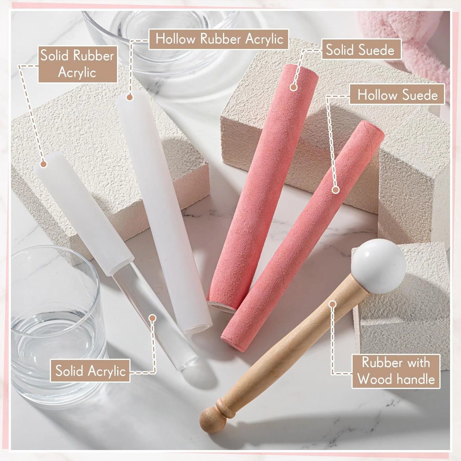 Nuanchu 5 Pcs Crystal Singing Bowl Mallet Set Includes Sheepskin Solid and Hollow Sound Sticks Singing Bowl Rubber Mallet with Wood Handle Clear Acrylic Striker for Playing (Pink) Pink - Image 3