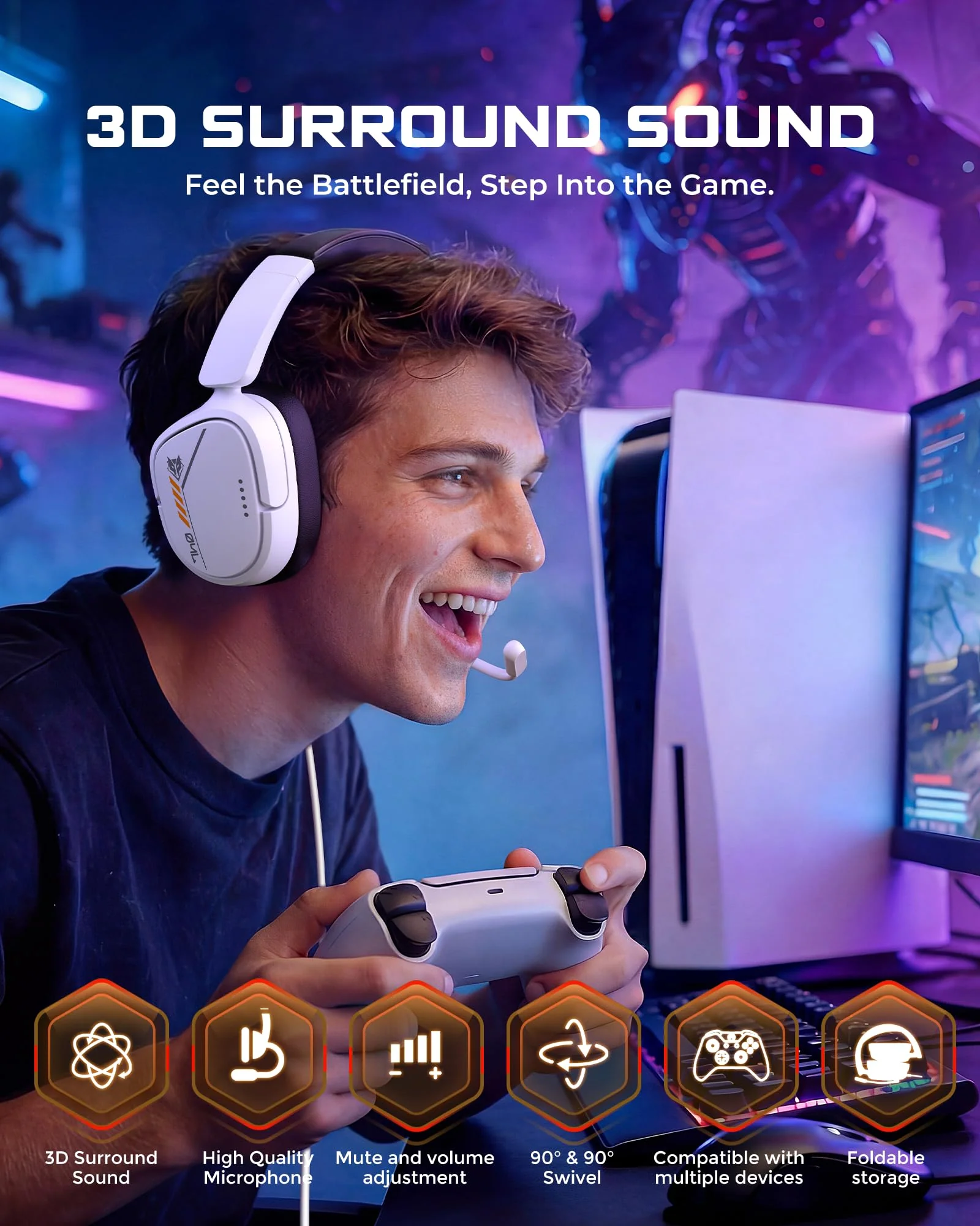 NUBWO HG04L Gaming Headset for PS5/PS4, Xbox Series X|S/Xbox One, Switch – 250g Lightweight, Clear Unidirectional Mic, Soft Memory Earmuffs, 3.5mm Jack for Gaming & Work White - Image 2