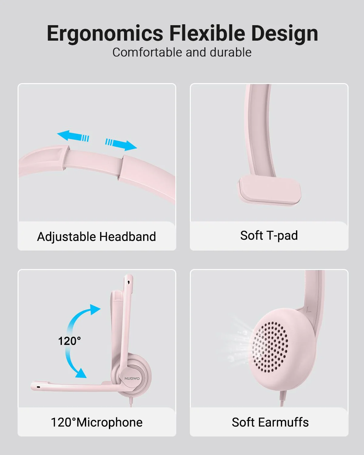 NUBWO HW02 USB Headset with Microphone Noise Cancelling &in-line Control, Ultra Comfort Computer Headphones for Laptop pc, On-Ear Wired Office Call Center Headset for Boom Skype Webinars (Pink) 1 pack Pink - Image 4