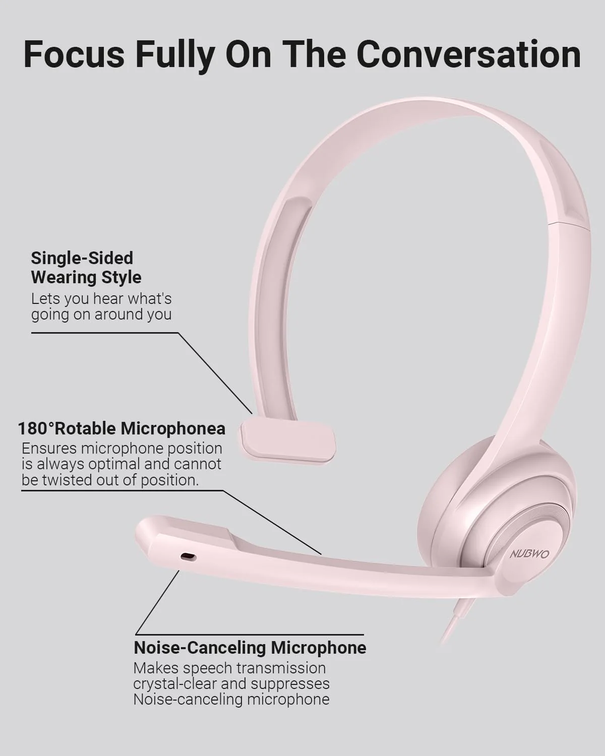 NUBWO HW02 USB Headset with Microphone Noise Cancelling &in-line Control, Ultra Comfort Computer Headphones for Laptop pc, On-Ear Wired Office Call Center Headset for Boom Skype Webinars (Pink) 1 pack Pink - Image 7