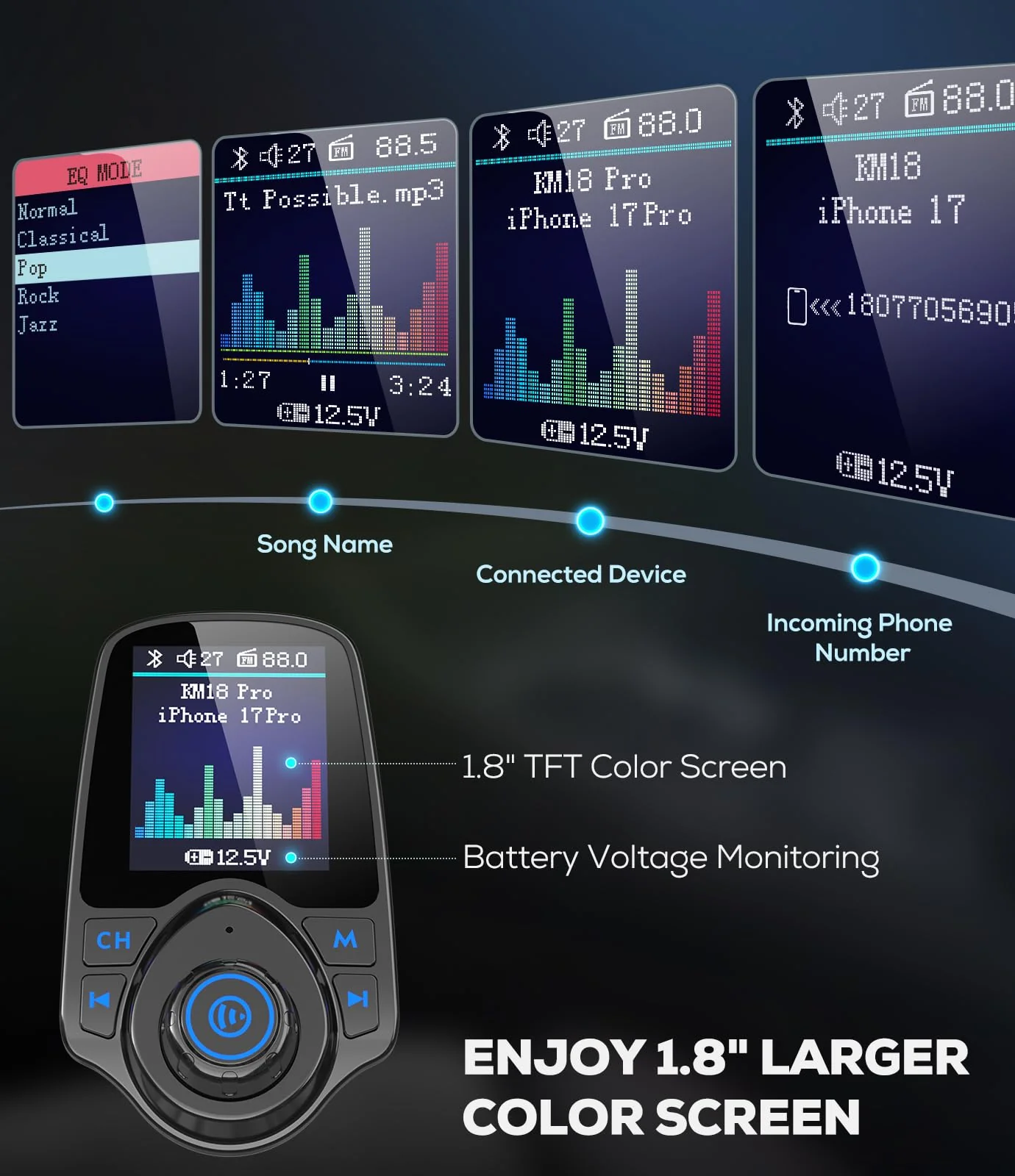 Nulaxy [2026 KM18 Upgraded Version] 1.8" Color Screen 48W Bluetooth 5.4 Car Adapter, Dual Fast Charging Ports [PD 30W & QC3.0 18W] Wireless Radio FM Transmitter, Hands-Free Call, 7 EQ Modes, Black - Image 2