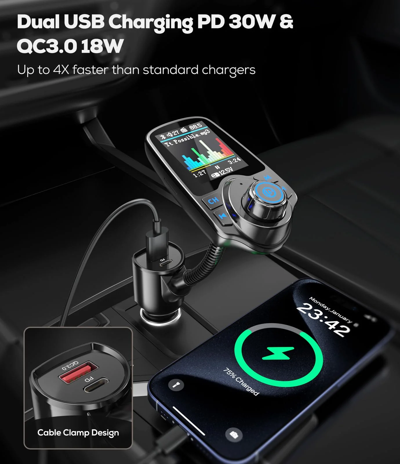 Nulaxy [2026 KM18 Upgraded Version] 1.8" Color Screen 48W Bluetooth 5.4 Car Adapter, Dual Fast Charging Ports [PD 30W & QC3.0 18W] Wireless Radio FM Transmitter, Hands-Free Call, 7 EQ Modes, Black - Image 4