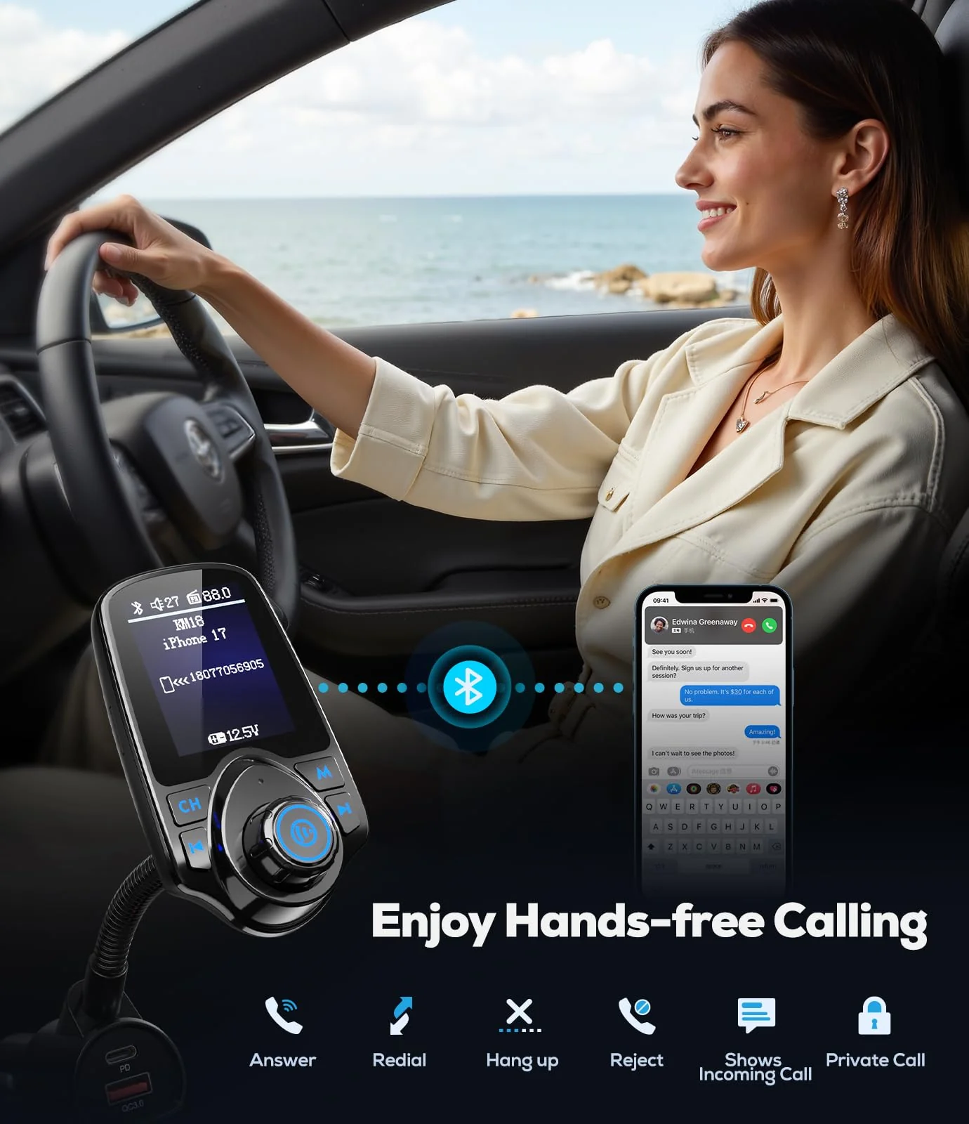Nulaxy [2026 KM18 Upgraded Version] 1.8" Color Screen 48W Bluetooth 5.4 Car Adapter, Dual Fast Charging Ports [PD 30W & QC3.0 18W] Wireless Radio FM Transmitter, Hands-Free Call, 7 EQ Modes, Black - Image 5