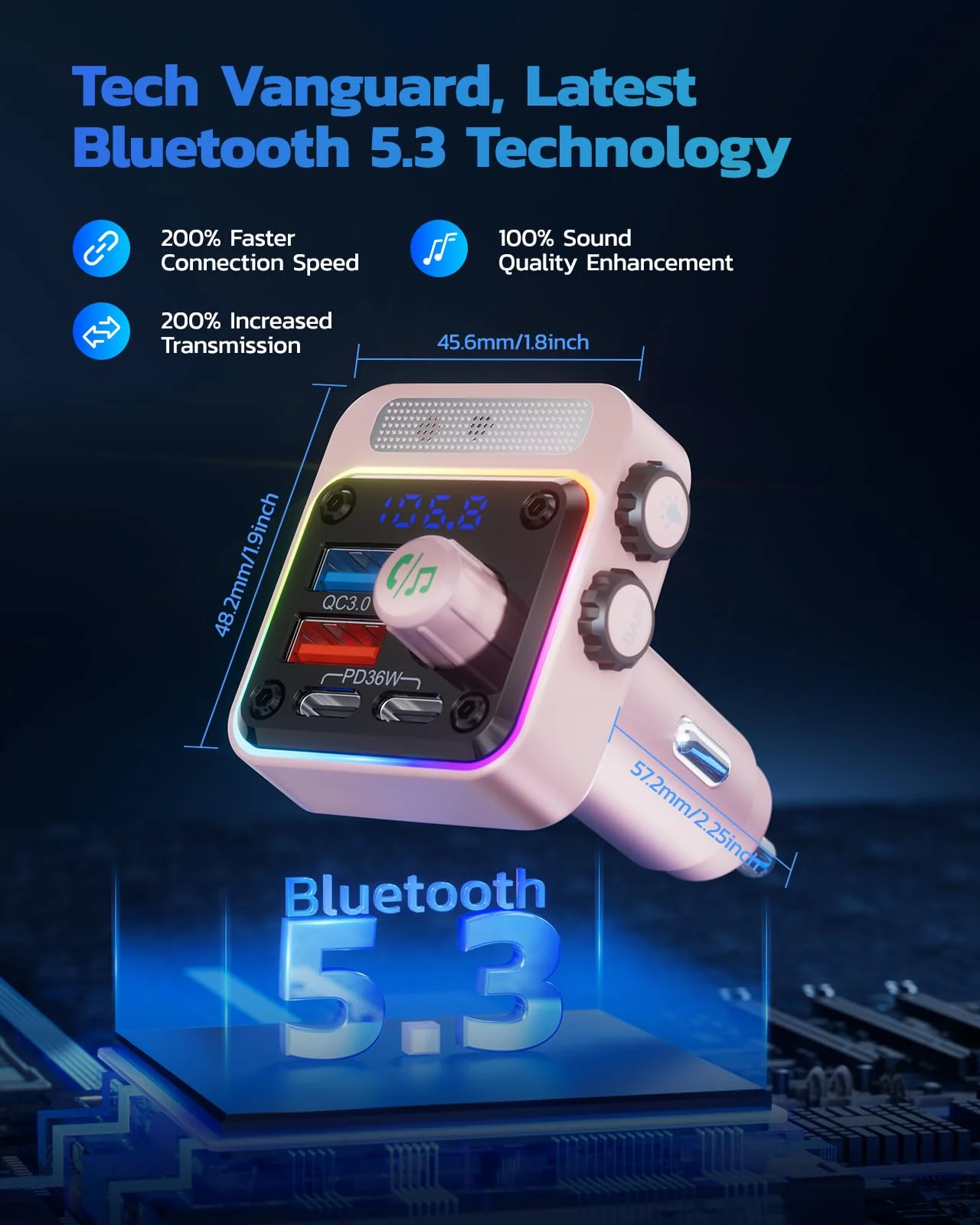 Nulaxy 54W Bluetooth 5.3 Car Adapter with 4 Charging Ports [PD 36W & QC3.0 18W], Wireless Radio FM Transmitter with Deep Bass Player & 5 Colors LED Backlit, Hands-Free Calling - Pink - Image 3