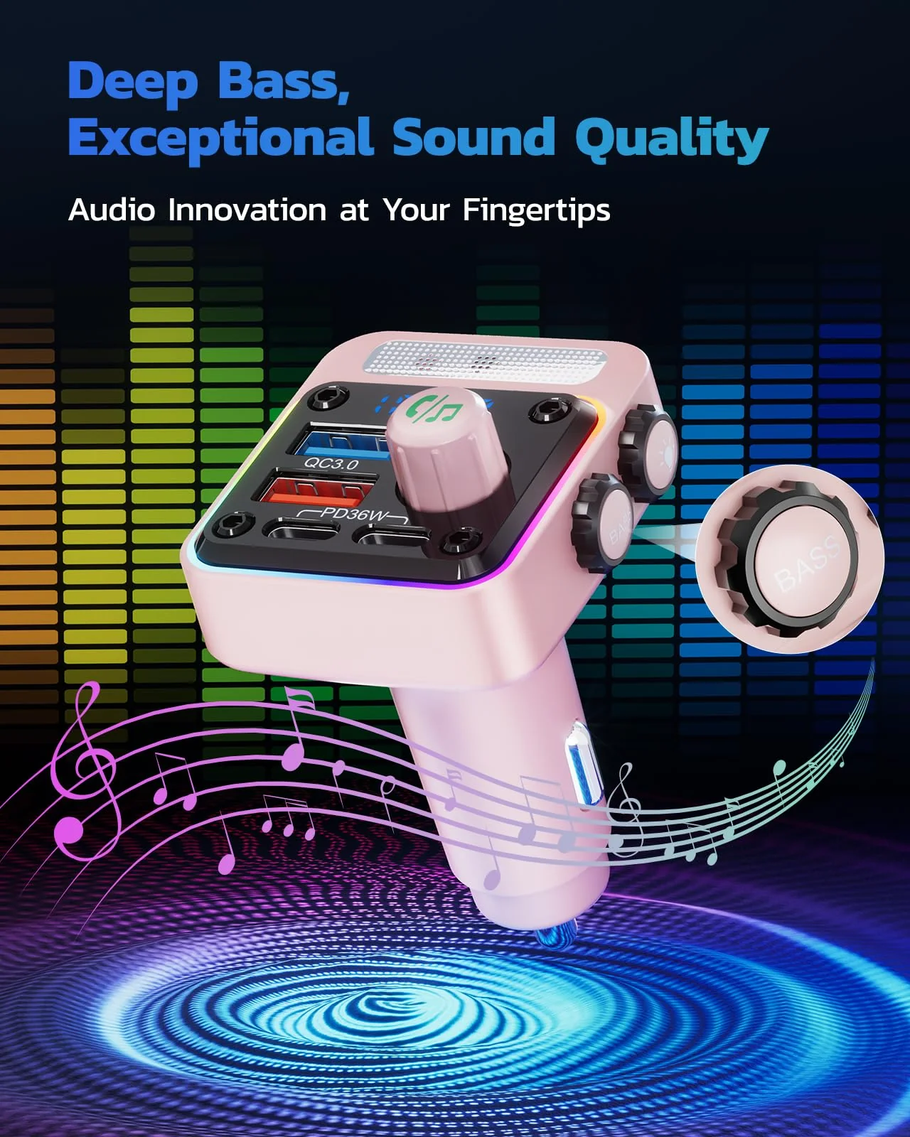 Nulaxy 54W Bluetooth 5.3 Car Adapter with 4 Charging Ports [PD 36W & QC3.0 18W], Wireless Radio FM Transmitter with Deep Bass Player & 5 Colors LED Backlit, Hands-Free Calling - Pink - Image 4
