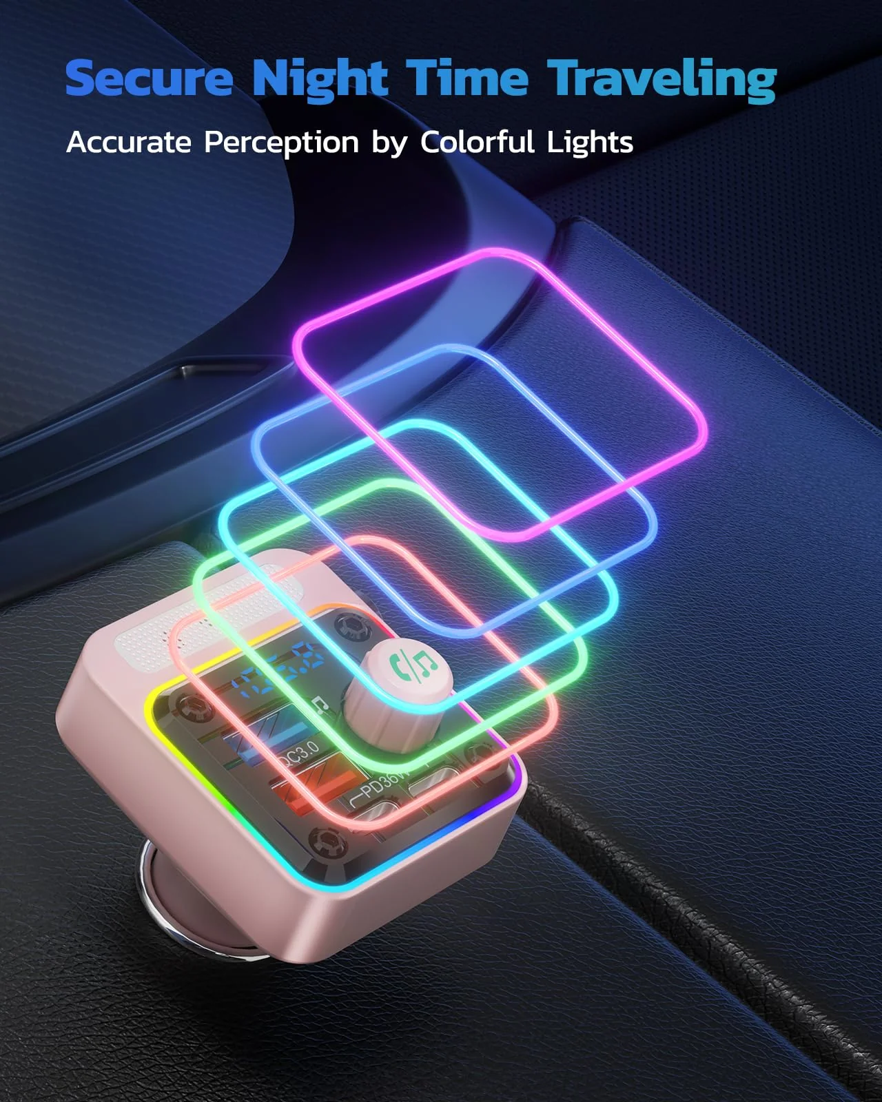 Nulaxy 54W Bluetooth 5.3 Car Adapter with 4 Charging Ports [PD 36W & QC3.0 18W], Wireless Radio FM Transmitter with Deep Bass Player & 5 Colors LED Backlit, Hands-Free Calling - Pink - Image 7