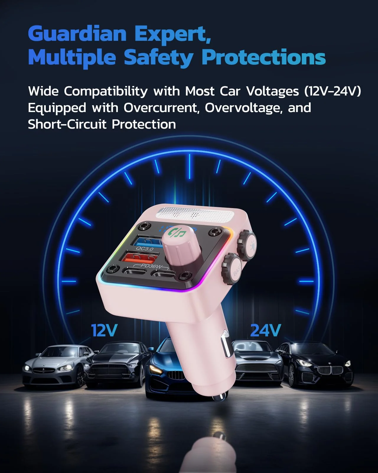 Nulaxy 54W Bluetooth 5.3 Car Adapter with 4 Charging Ports [PD 36W & QC3.0 18W], Wireless Radio FM Transmitter with Deep Bass Player & 5 Colors LED Backlit, Hands-Free Calling - Pink - Image 8