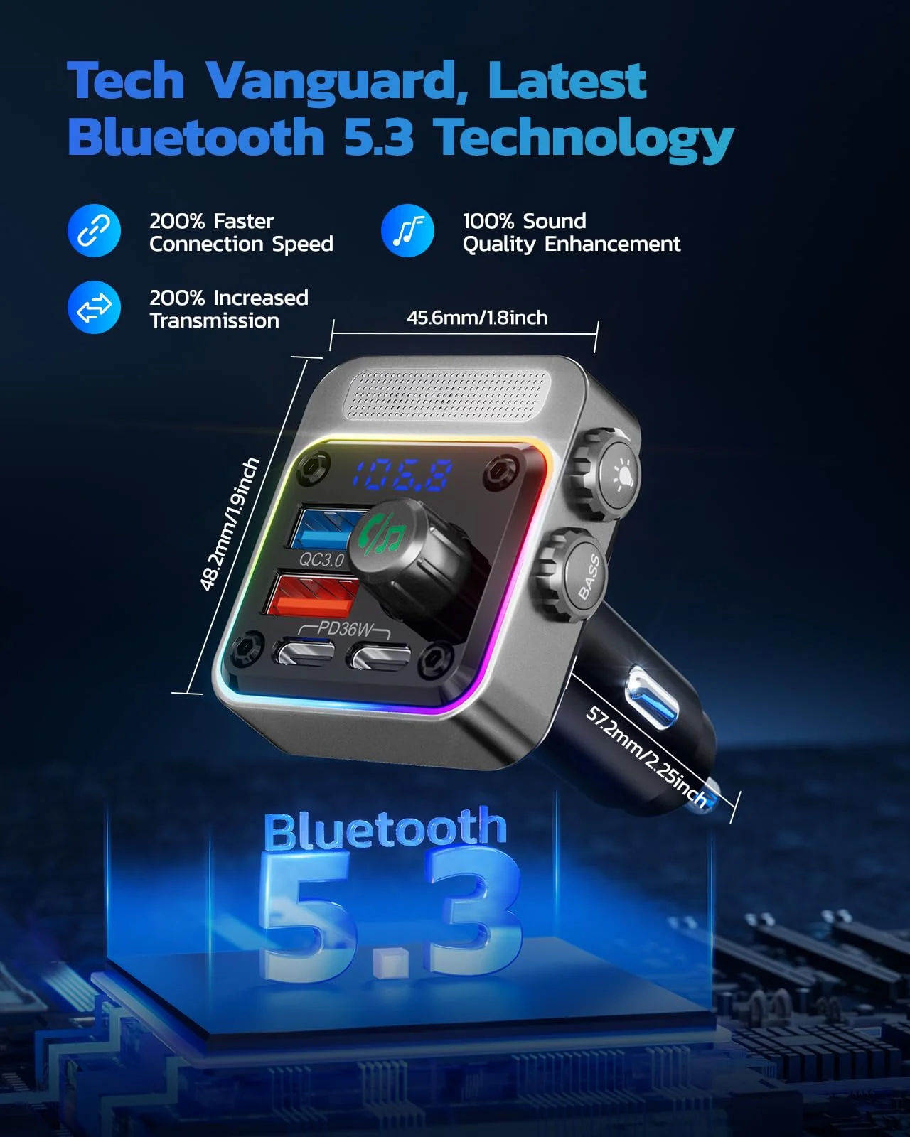Nulaxy 54W Bluetooth 5.3 Car Adapter with 4 Charging Ports [PD 36W & QC3.0 18W], Wireless Radio FM Transmitter with Deep Bass Player & 5 Colors LED Backlit, Hands-Free Calling - Silver - Image 3