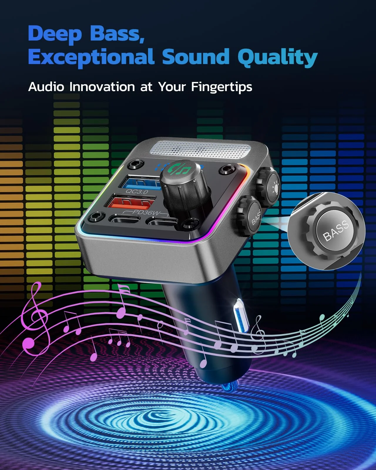 Nulaxy 54W Bluetooth 5.3 Car Adapter with 4 Charging Ports [PD 36W & QC3.0 18W], Wireless Radio FM Transmitter with Deep Bass Player & 5 Colors LED Backlit, Hands-Free Calling - Silver - Image 4