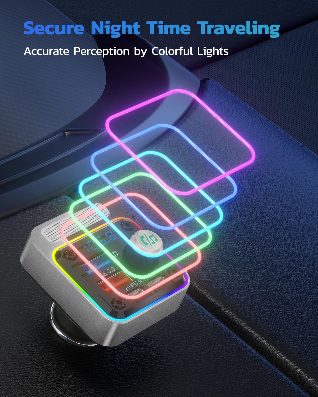 Nulaxy 54W Bluetooth 5.3 Car Adapter with 4 Charging Ports [PD 36W & QC3.0 18W], Wireless Radio FM Transmitter with Deep Bass Player & 5 Colors LED Backlit, Hands-Free Calling - Silver - Image 5