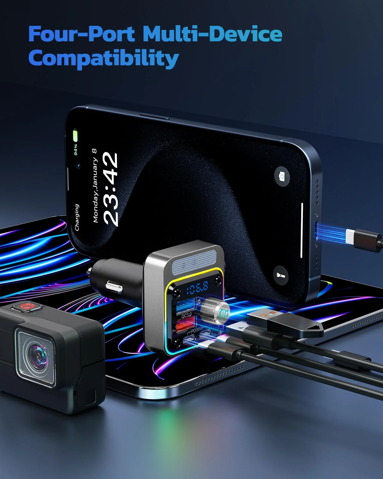 Nulaxy 54W Bluetooth 5.3 Car Adapter with 4 Charging Ports [PD 36W & QC3.0 18W], Wireless Radio FM Transmitter with Deep Bass Player & 5 Colors LED Backlit, Hands-Free Calling - Silver - Image 7