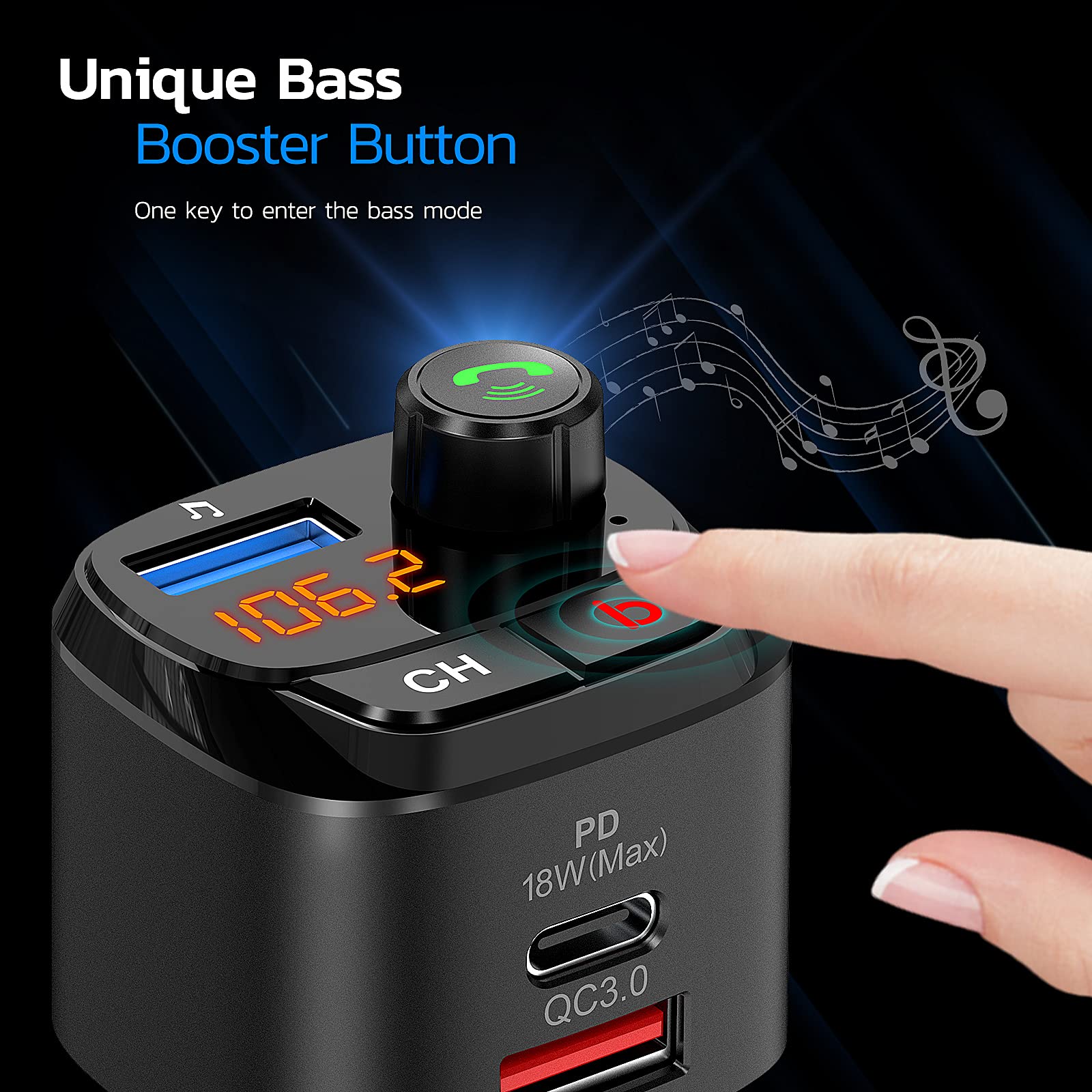 Nulaxy Bluetooth 5.0 FM Transmitter for Car, QC3.0 & USB-C PD 18W Wireless Bluetooth Radio Adapter Music Player Car Kit with Bass Booster, Hands-Free Calls-NX12 - Image 3