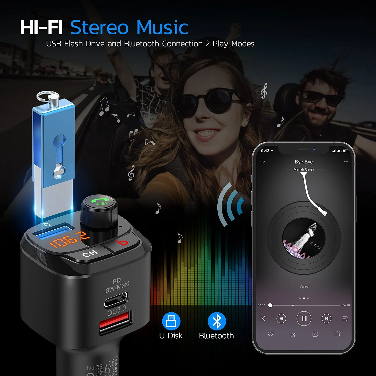 Nulaxy Bluetooth 5.0 FM Transmitter for Car, QC3.0 & USB-C PD 18W Wireless Bluetooth Radio Adapter Music Player Car Kit with Bass Booster, Hands-Free Calls-NX12 - Image 4