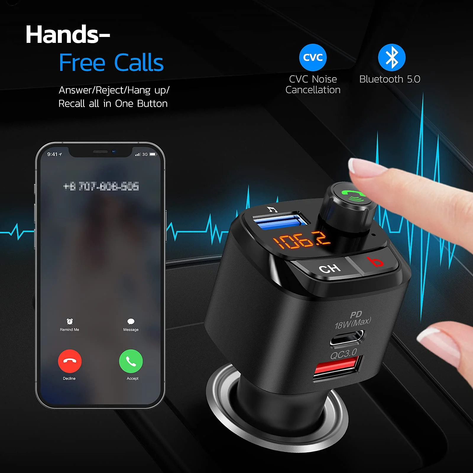 Nulaxy Bluetooth 5.0 FM Transmitter for Car, QC3.0 & USB-C PD 18W Wireless Bluetooth Radio Adapter Music Player Car Kit with Bass Booster, Hands-Free Calls-NX12 - Image 5