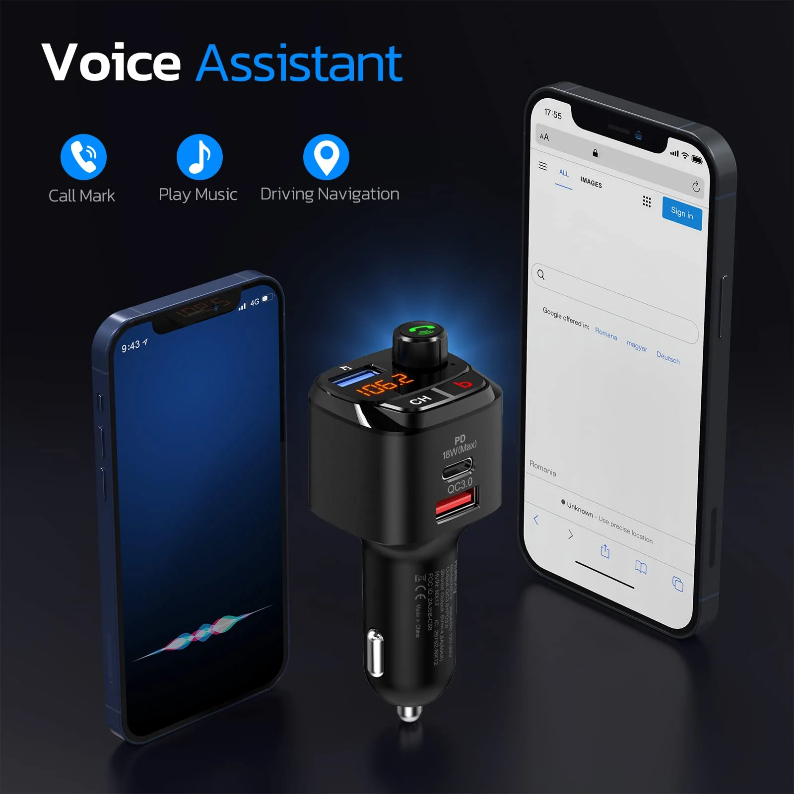 Nulaxy Bluetooth 5.0 FM Transmitter for Car, QC3.0 & USB-C PD 18W Wireless Bluetooth Radio Adapter Music Player Car Kit with Bass Booster, Hands-Free Calls-NX12 - Image 6