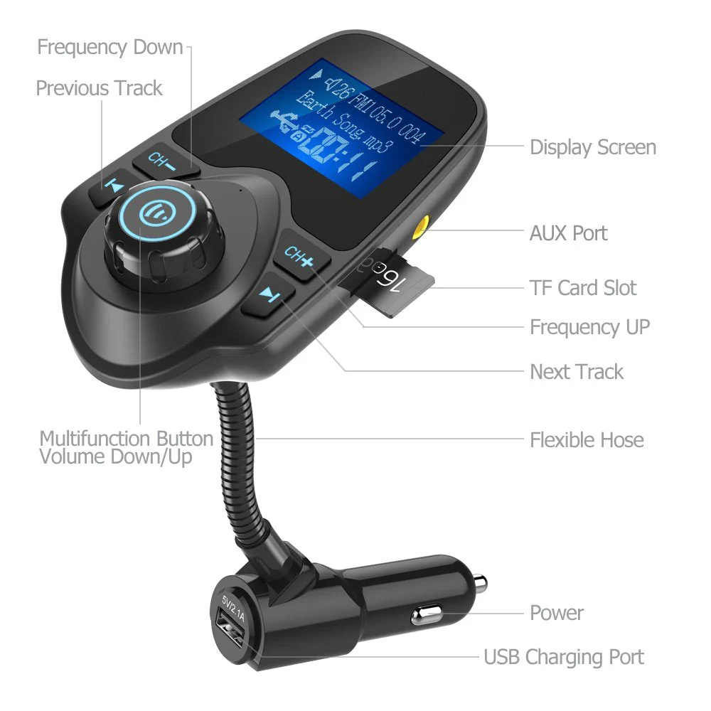 Nulaxy Bluetooth Car FM Transmitter Audio Adapter Receiver Wireless Handsfree Voltmeter Car Kit TF Card AUX 1.44 Display - KM18 Black Matte - Image 4