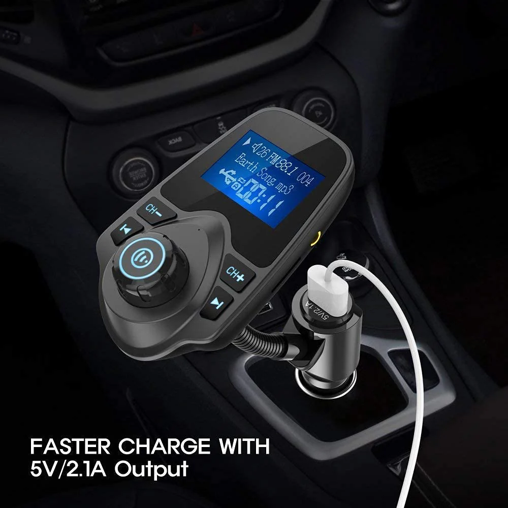 Nulaxy Bluetooth Car FM Transmitter Audio Adapter Receiver Wireless Handsfree Voltmeter Car Kit TF Card AUX 1.44 Display - KM18 Black Matte - Image 6