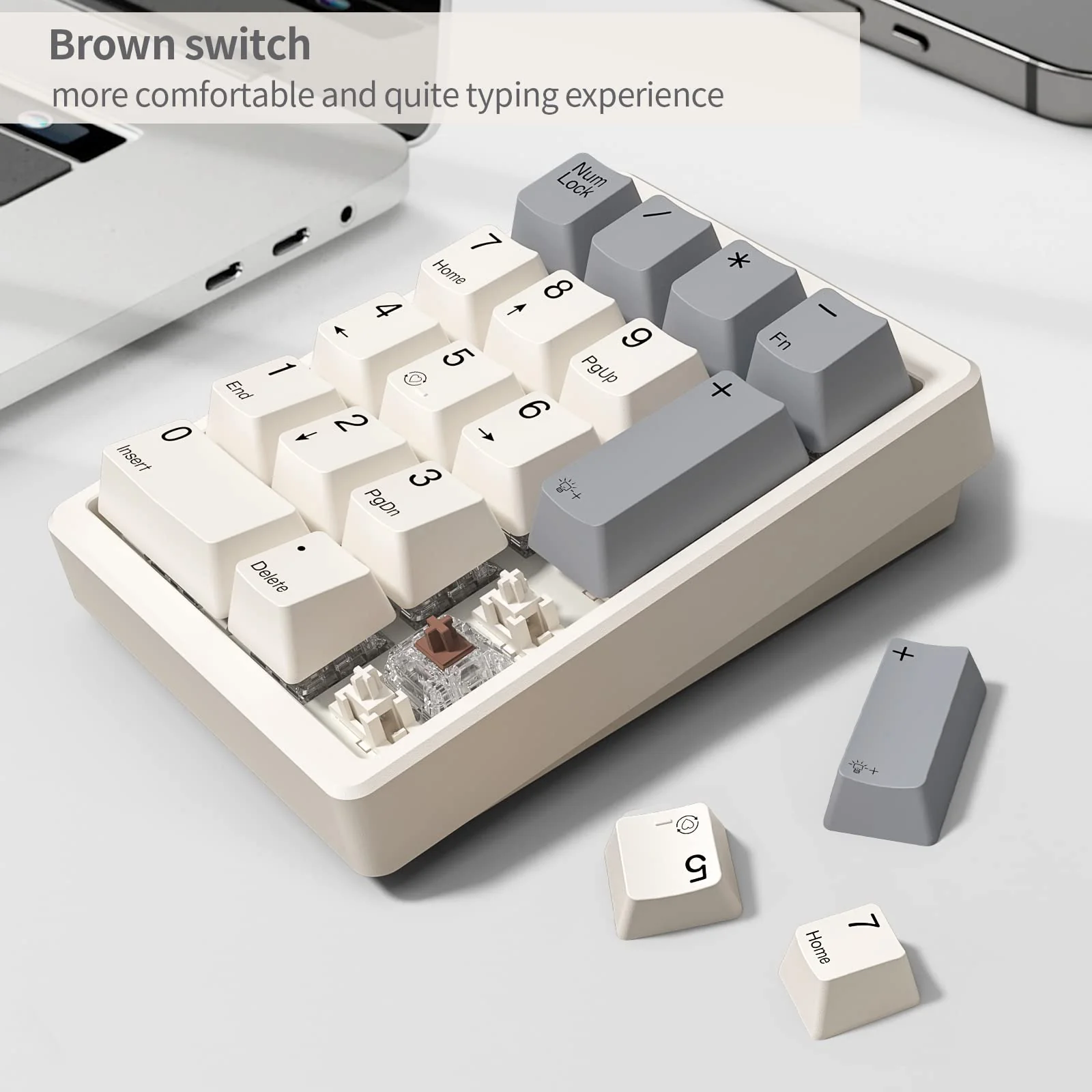 Number Pad, Mechanical Numpad Wired USB Standard 17 Keys Numeric Keypad with PBT Keycaps White Backlit Keypad for Laptop PC TKL Keyboards (Brown Switch) Brown switch - Image 2
