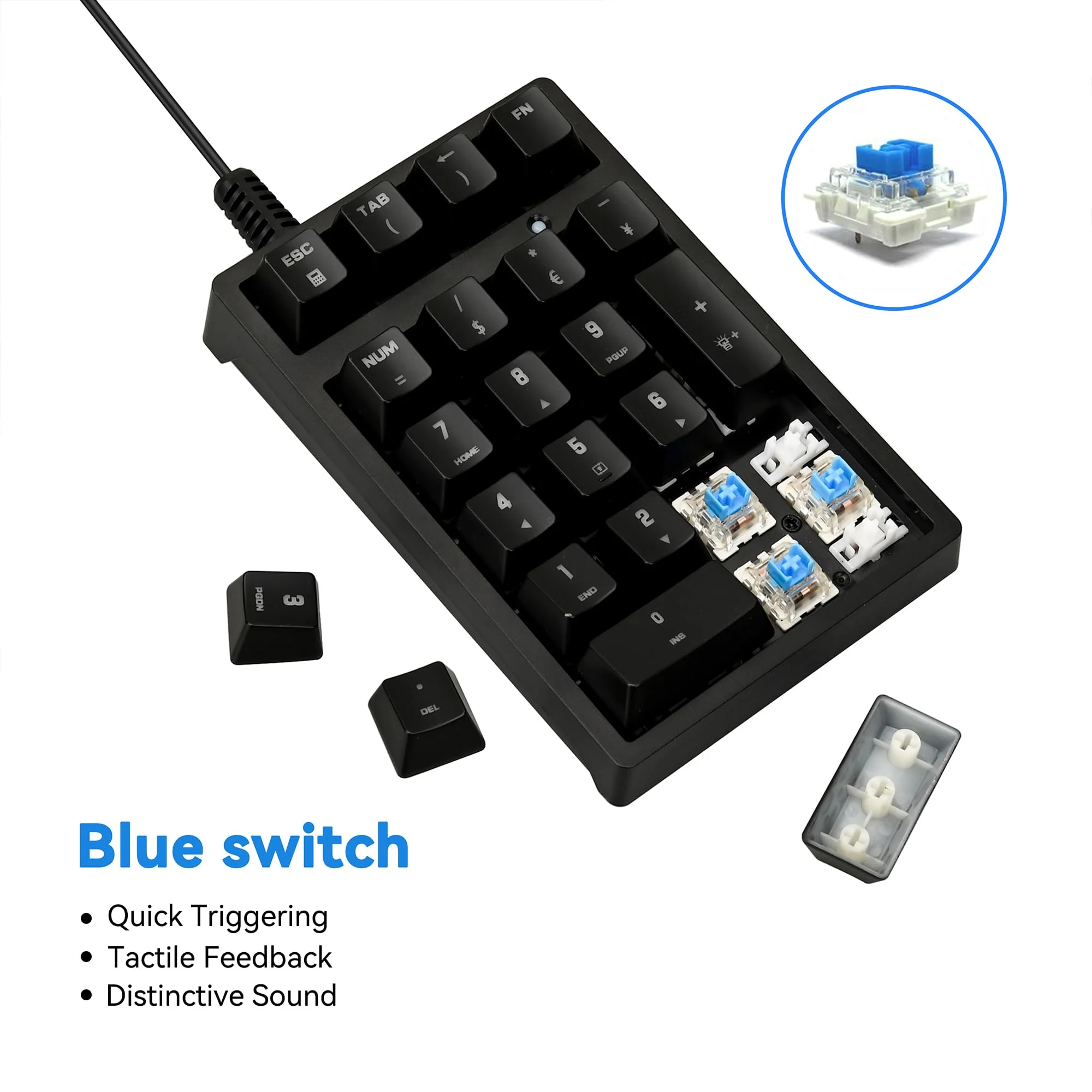 Number Pad, Mechanical USB Wired Numeric Keypad with Blue LED Backlit 21 Key Mini Numpad for Laptop Desktop Computer PC Black (Blue switches) Black - Mechanical Keypad - Image 4