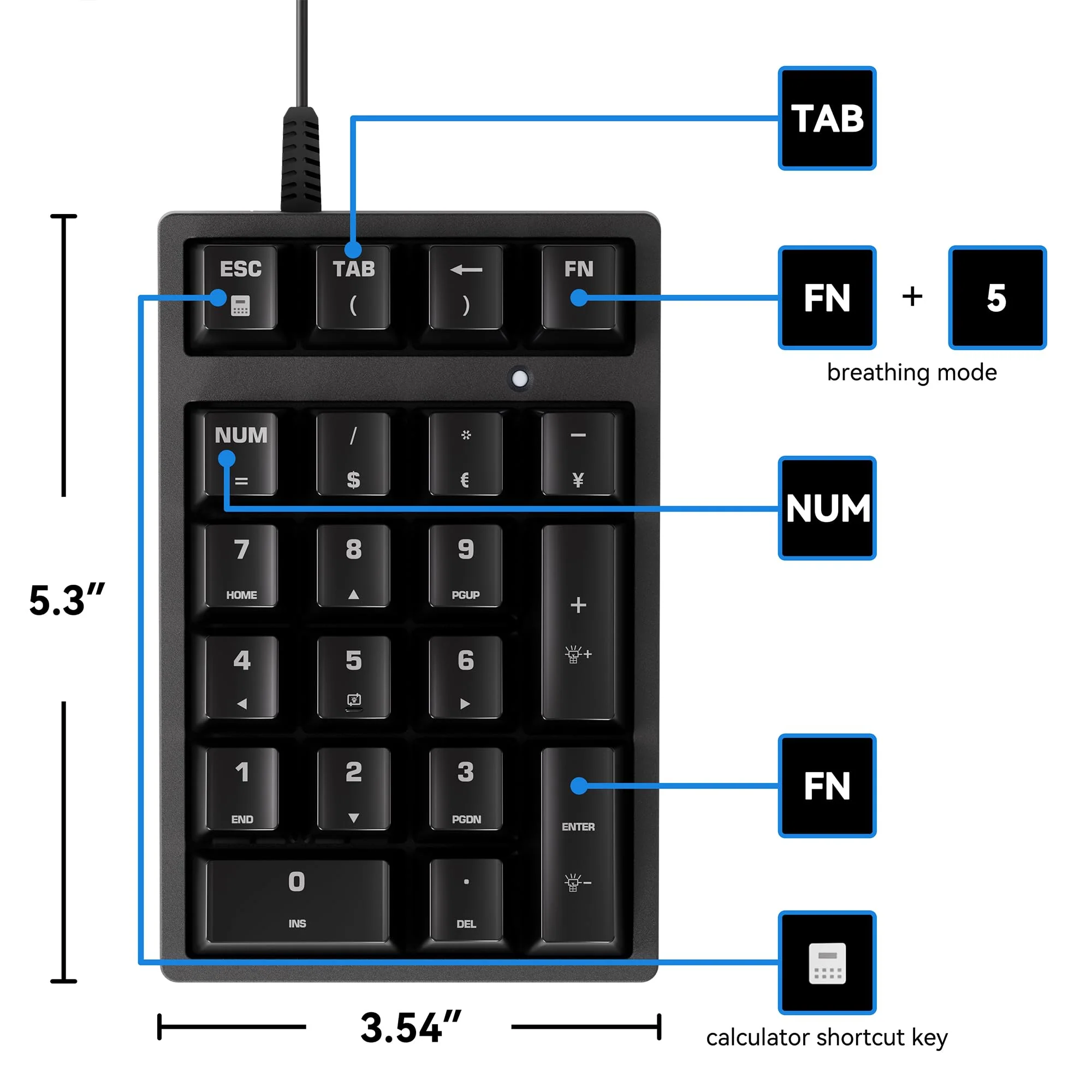 Number Pad, Mechanical USB Wired Numeric Keypad with Blue LED Backlit 21 Key Mini Numpad for Laptop Desktop Computer PC Black (Blue switches) Black - Mechanical Keypad - Image 5