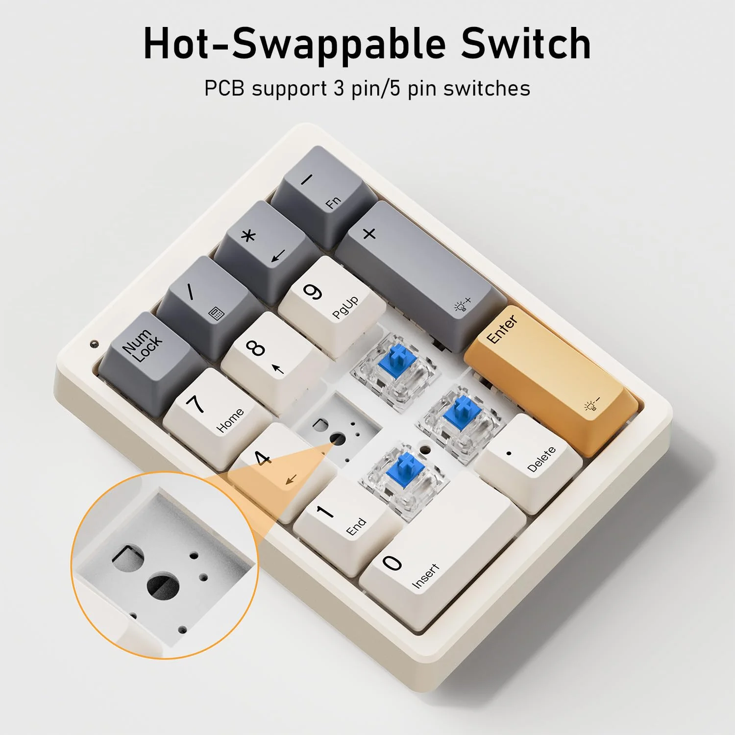 Number Pad, Wired USB Mechanical Numpad Hot-Swappable White Backlit Standard 17 Keys Numeric Keypad with PBT Keycaps Keypad for Laptop PC TKL Keyboards(Retro Beige,Blue Switch) Blue switch - Image 2
