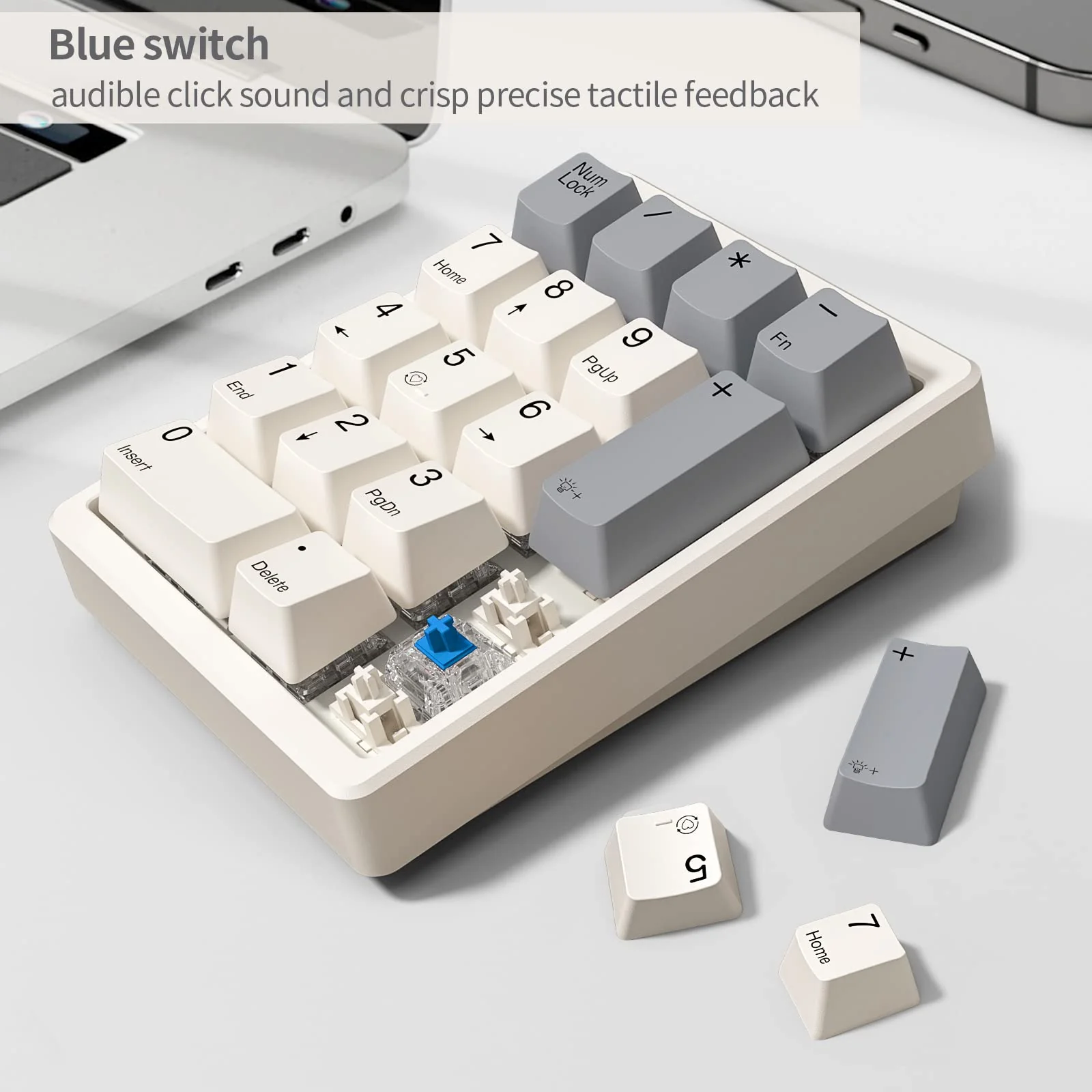 Number Pad, Wired USB Mechanical Numpad Hot-Swappable White Backlit Standard 17 Keys Numeric Keypad with PBT Keycaps Keypad for Laptop PC TKL Keyboards(Retro Beige,Blue Switch) Blue switch - Image 4