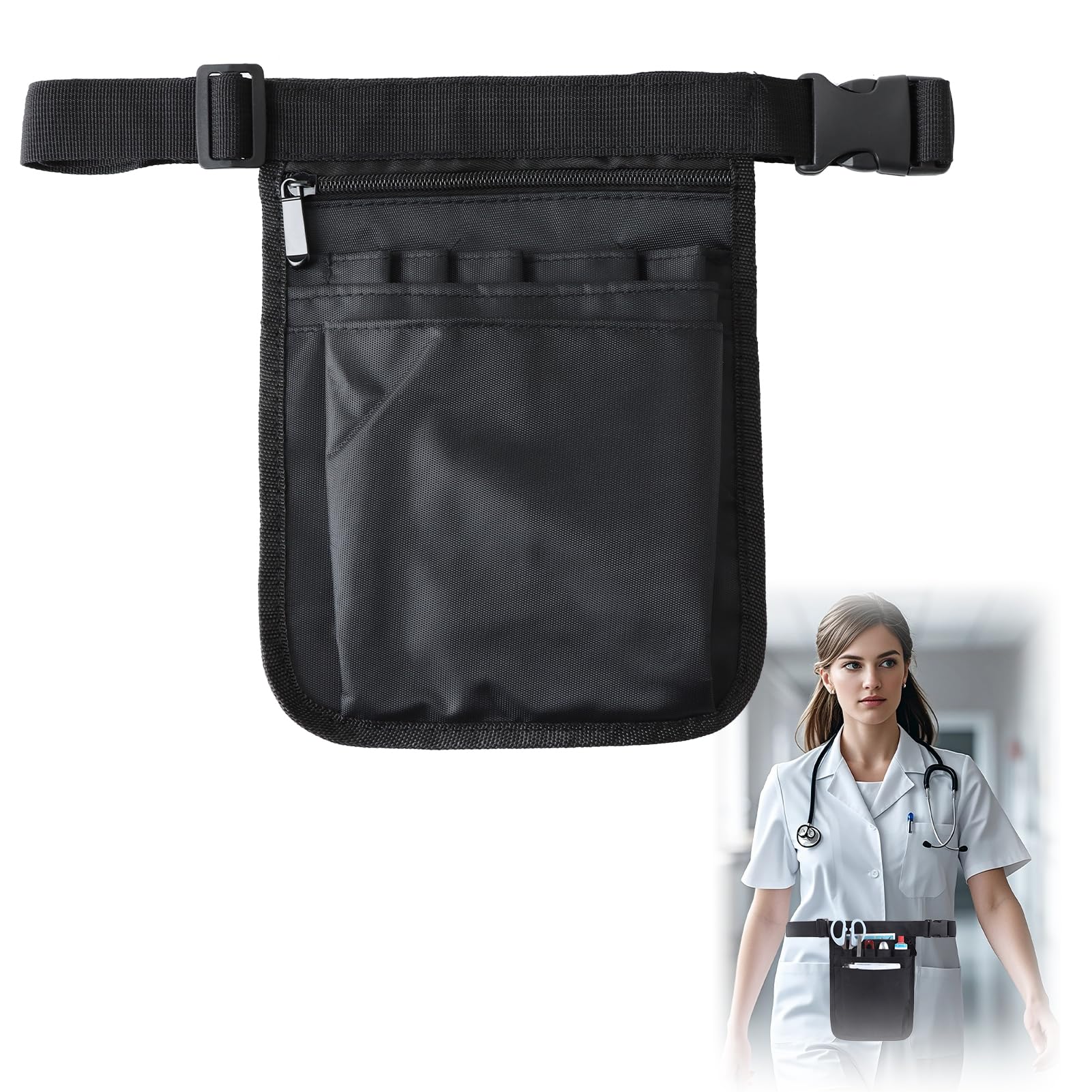Nurse Bag, Waiter's Bag with Belt, Belt Bag Women's Made of Oxford Fabric, Side Pocket, Women's Black, Belt Bag Work Retail, Shoulder Bag Caregiver, Adjustable Belt - Image 2