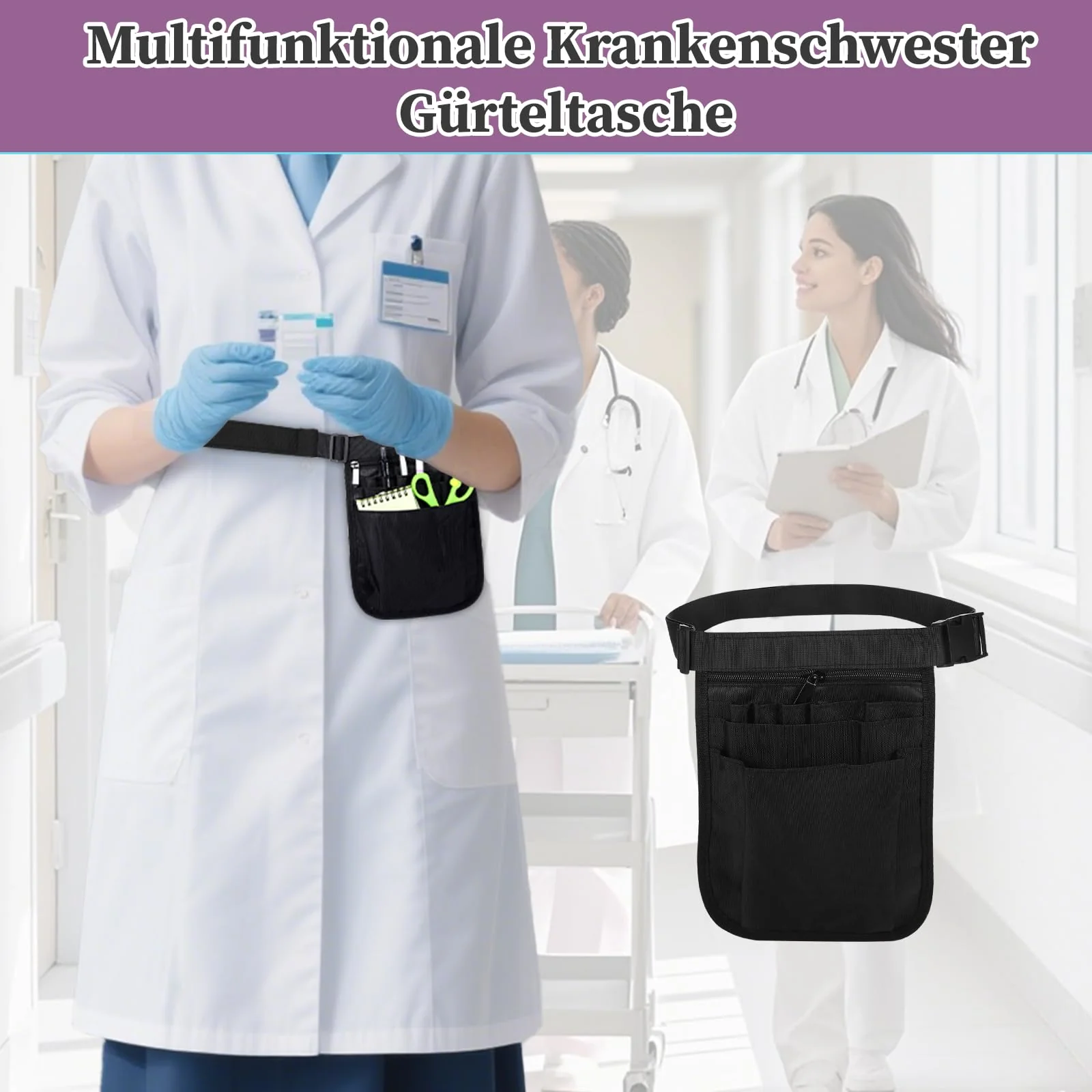 Nurse Bag, Work Bag, Women's Belt Bag, Work, Nurse Belt Bag, Adjustable Waist Belt with Multiple Compartments, for Scissors Care Set (1 Black, M) 1 Black - Image 3