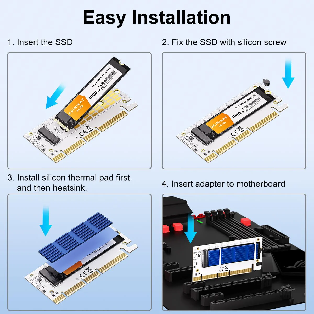 NVMe M.2 SSD to PCIe X16/X8/X4 Adapter with Aluminum Heat Sink, M.2 to PCI-Express SSD Expansion Card, Support 4TB 2230 2242 2260 2280mm NVMe Solid State Drive - Image 6