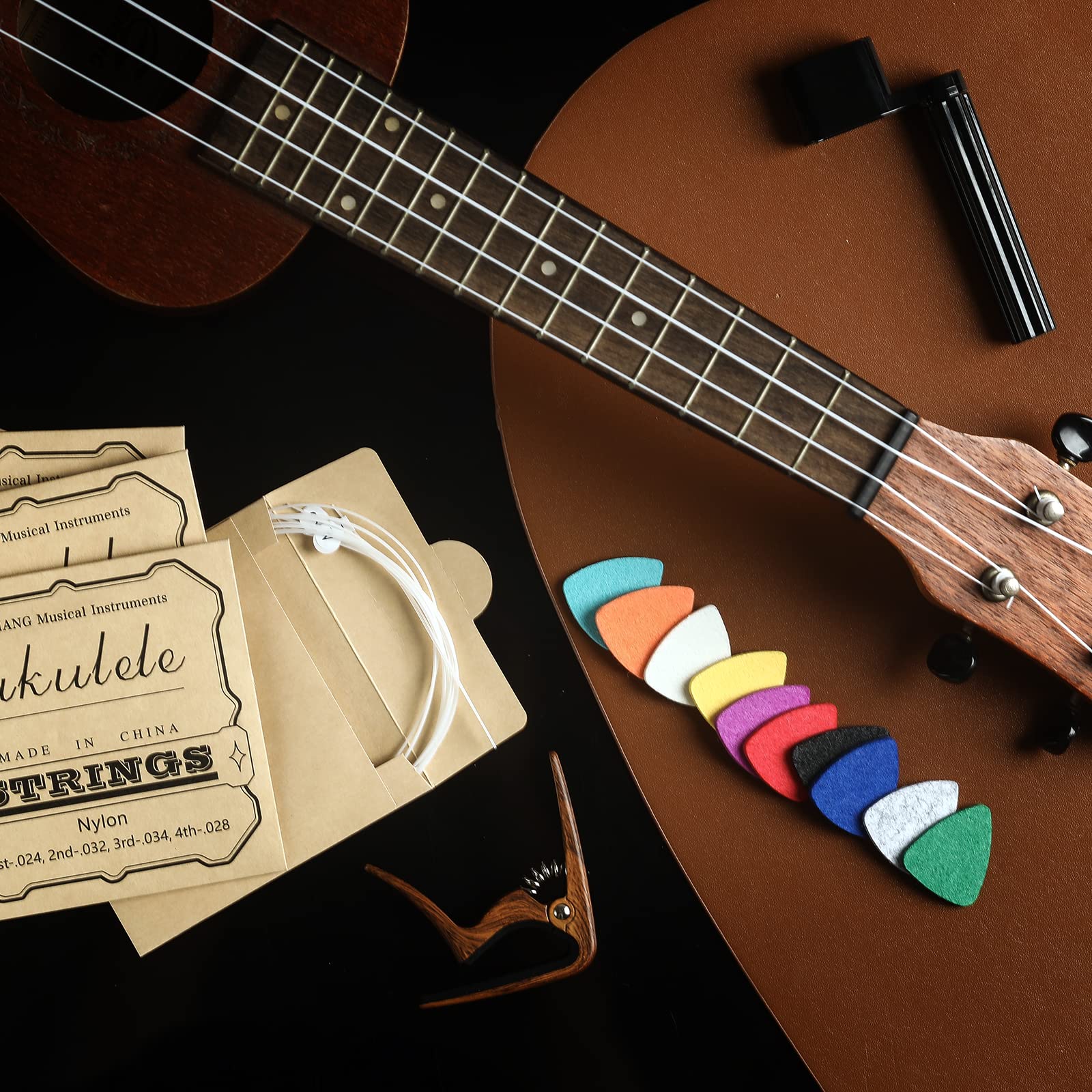 Nylon Ukulele Strings Kit,Include 5 Sets Strings,10 Pieces Ukelele felt picks,Capo and String Winder for Soprano Concert and Tenor Ukele - Image 3